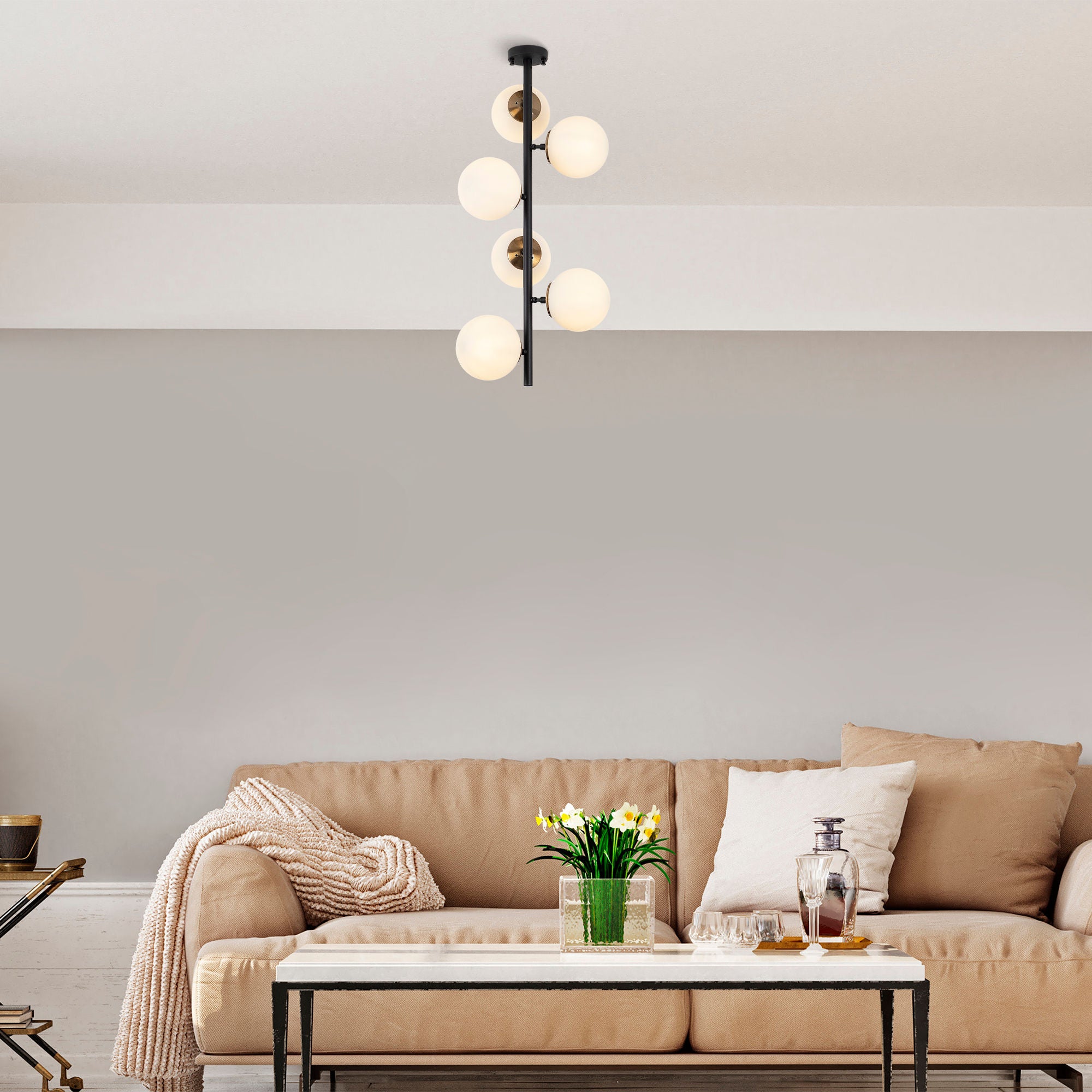 Candeeiro de Teto Industrial Elegante, Preto e Creme Antigo, 40 x 40 x 83 cm | Corpo em Metal, 6 Soquetes E14, Perfeito para Decoração Moderna e Escandinava