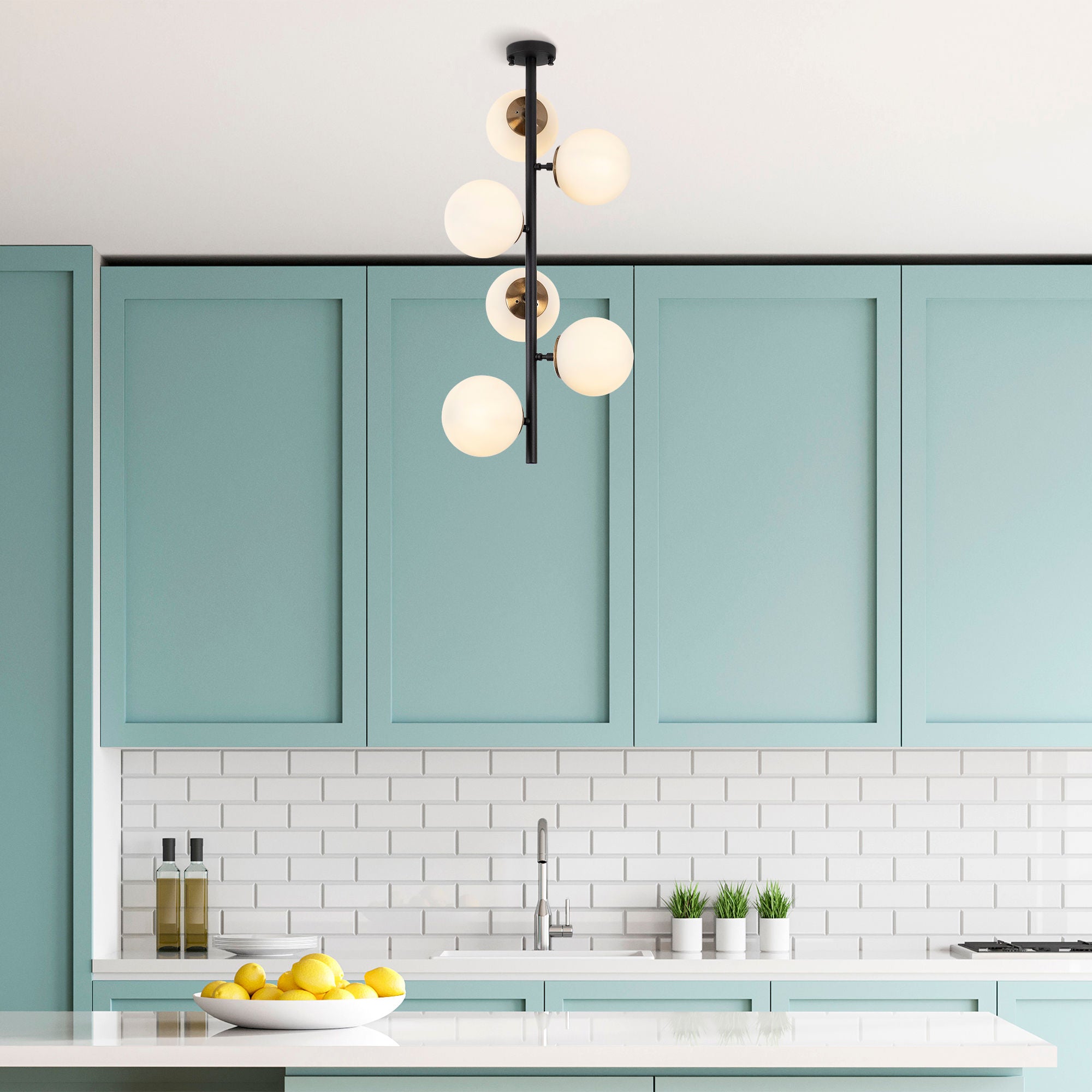 Candeeiro de Teto Industrial Elegante, Preto e Creme Antigo, 40 x 40 x 83 cm | Corpo em Metal, 6 Soquetes E14, Perfeito para Decoração Moderna e Escandinava