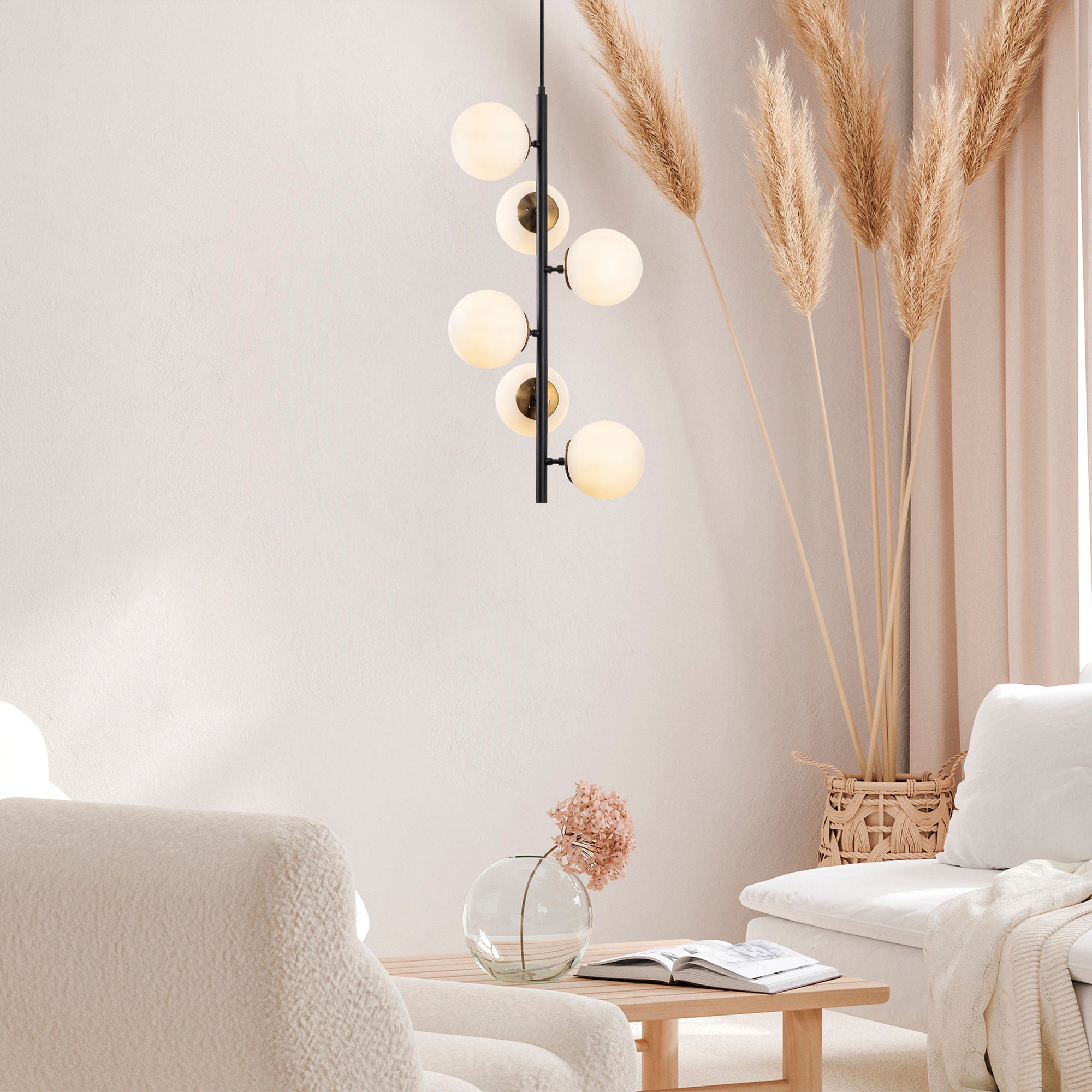 Candeeiro de Teto Industrial Elegante, Altura Ajustável 40x40x86-176 cm, Preto e Creme Antigo, 6 x E14 Máx. 40 W, Corpo de Metal, IP20, Perfeito para Espaços Modernos