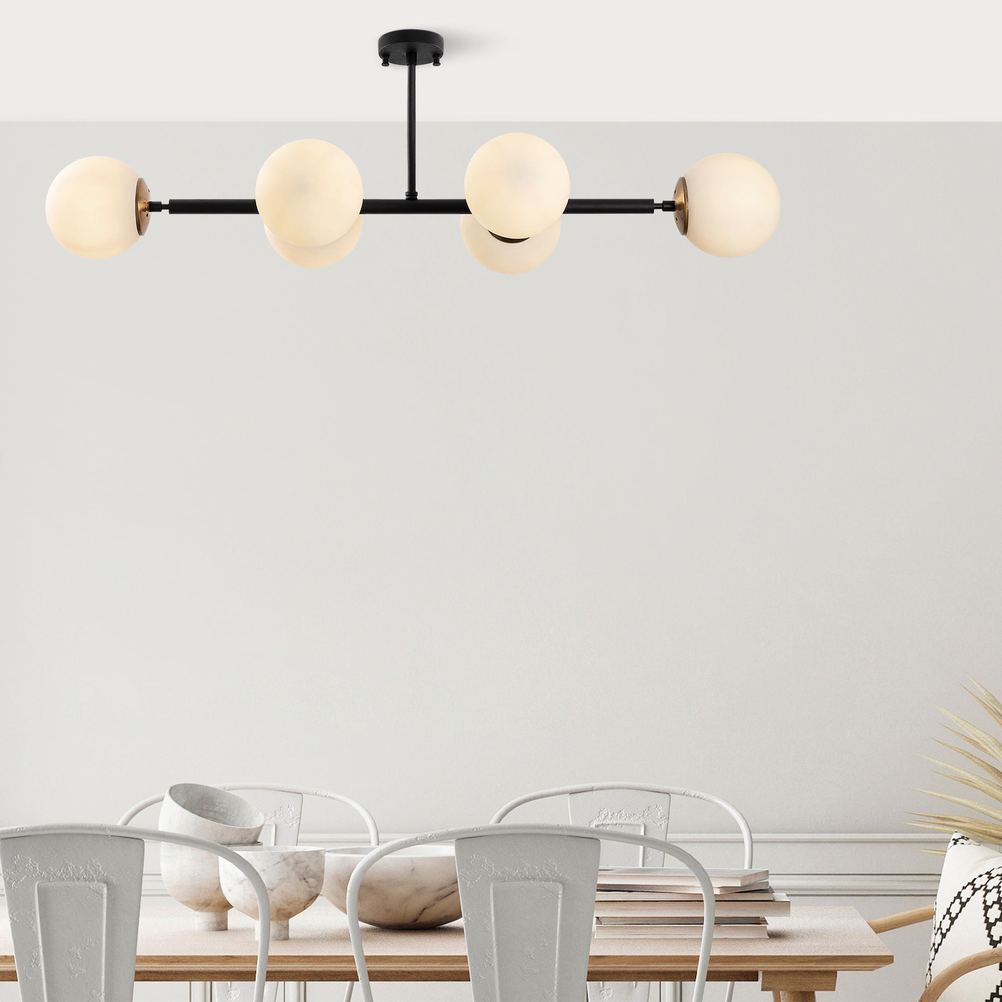 Candeeiro de Teto Industrial Moderno – 110 x 40 x 35 cm – Preto e Creme Antigo – Metal e Vidro