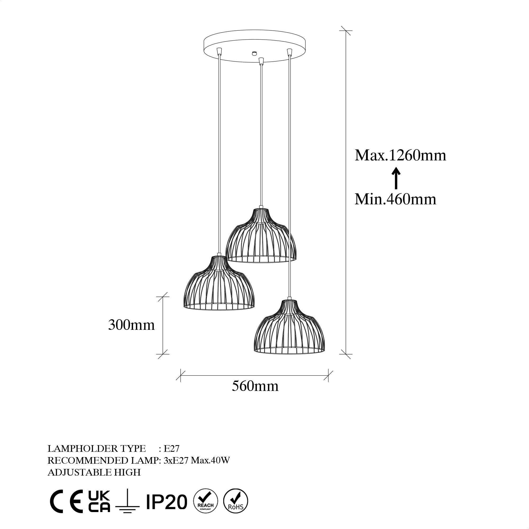 Candeeiro de Teto – 56x56x46-126 cm – Preto e antigo – Metal