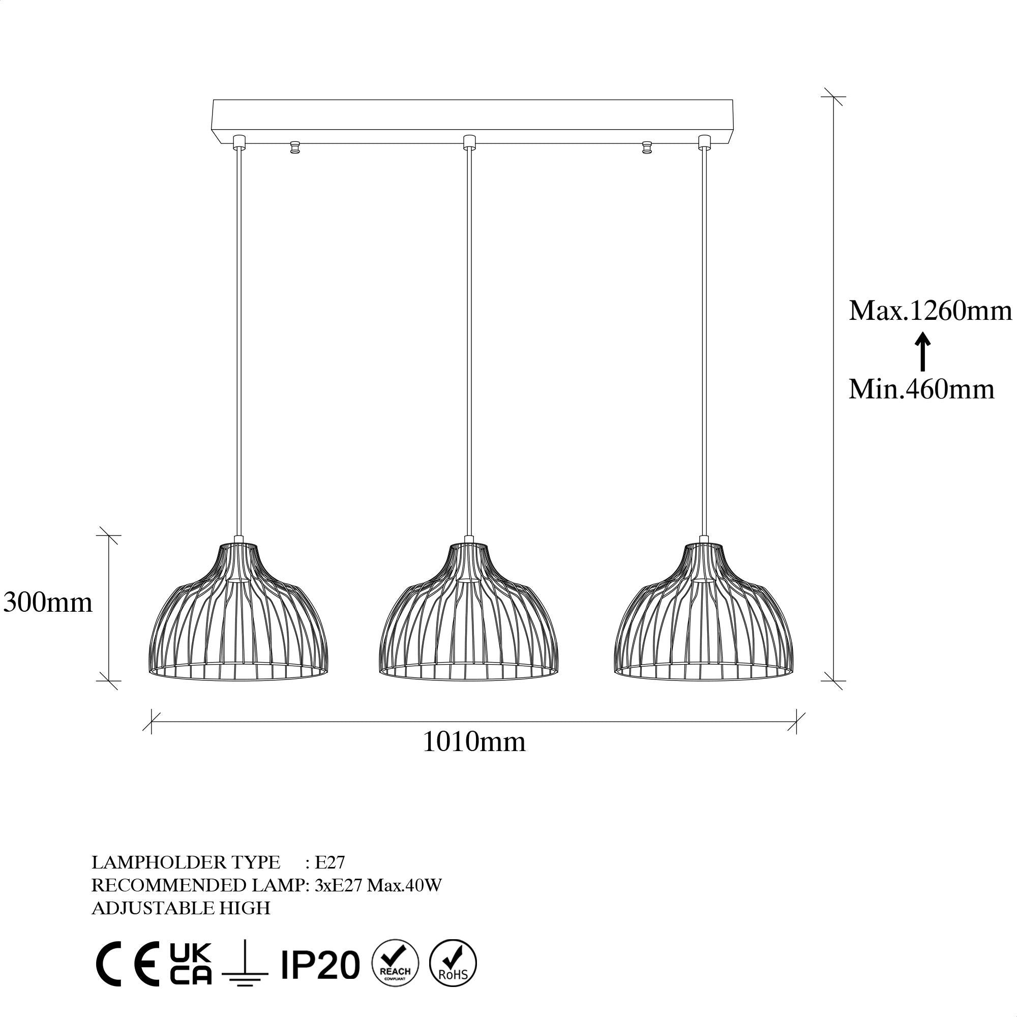 Candeeiro de Teto industrial – 101 x 28 x 46-126 cm – preto – metal