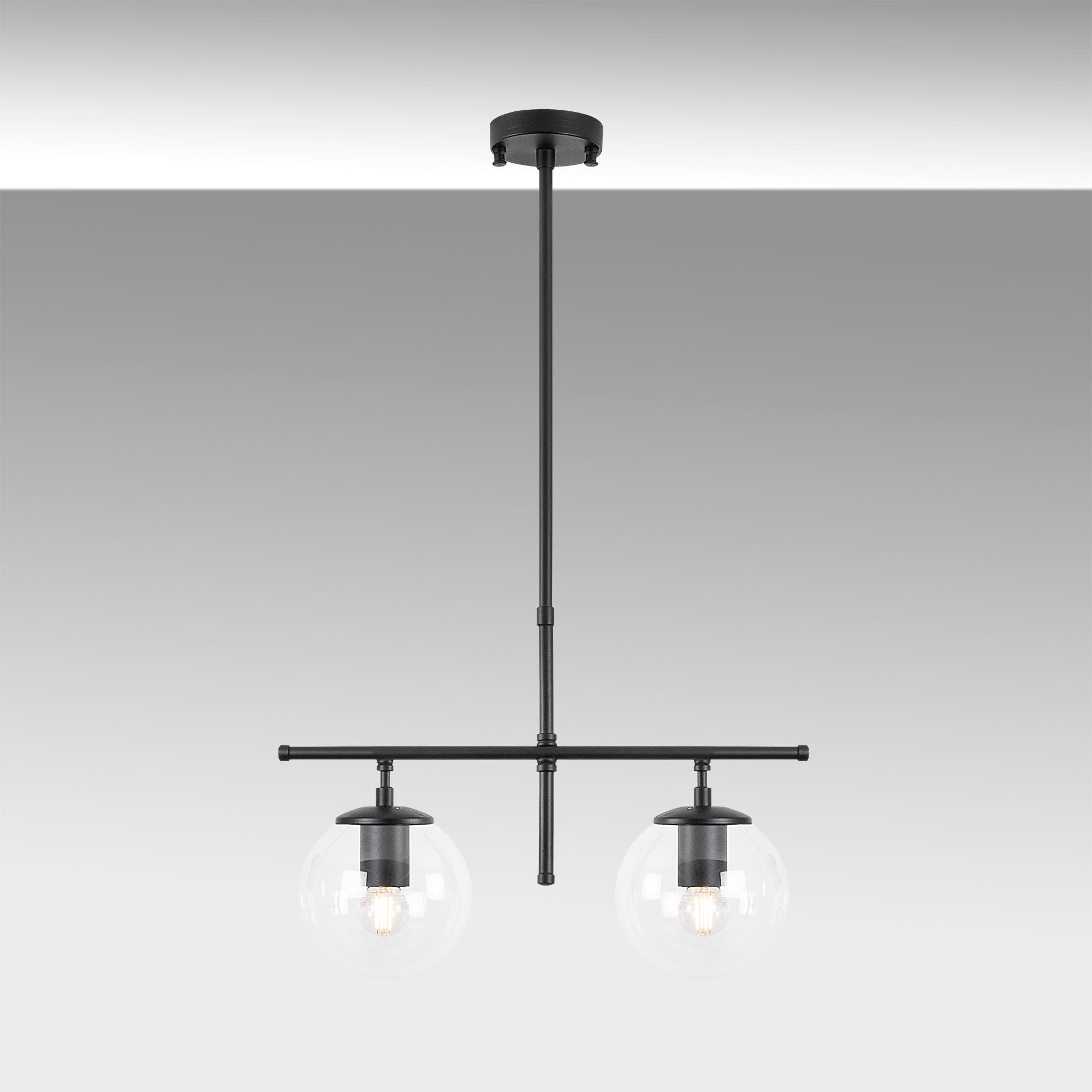 Candeeiro de Teto preto moderno, altura ajustável 52 x 15 x 36-76 cm, corpo de metal e tampa de vidro, IP20, 2 soquetes E14, design industrial elegante para decoração de casa