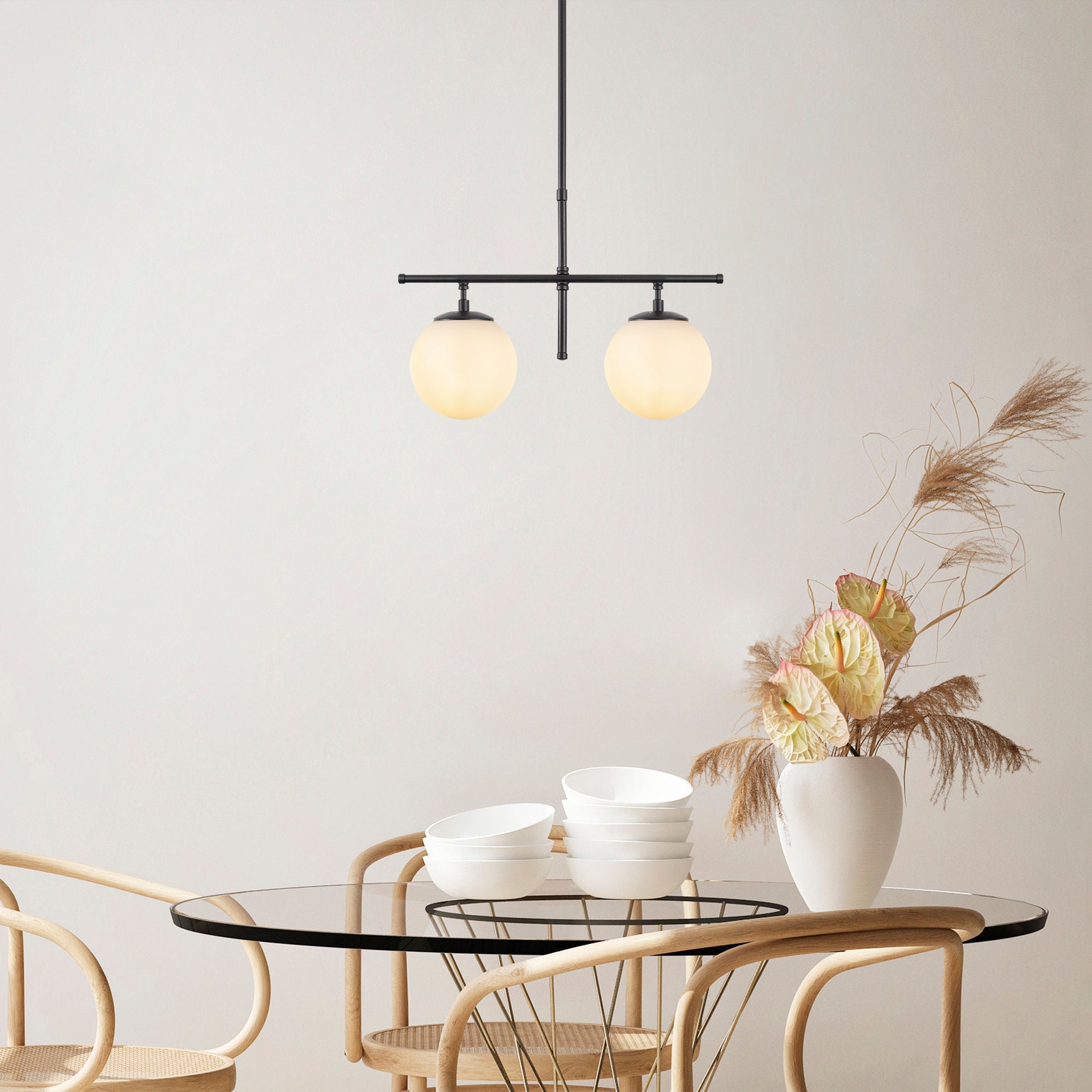 Candeeiro de Teto – 52 x 15 x 36-76 cm – Preto e Creme – Metal e Vidro