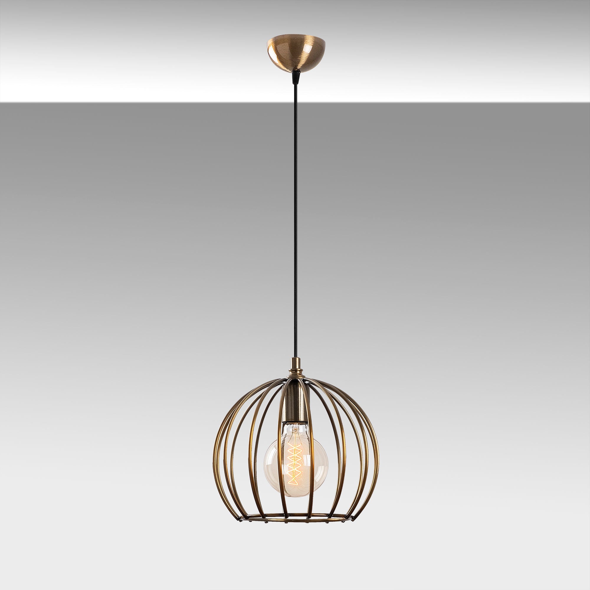 Candeeiro de Teto Industrial, Preto e Dourado, Altura Ajustável 25x25x36-116 cm | Corpo em Metal, Soquete E27, Cabo de 90 cm | Iluminação Elegante para Espaços Modernos