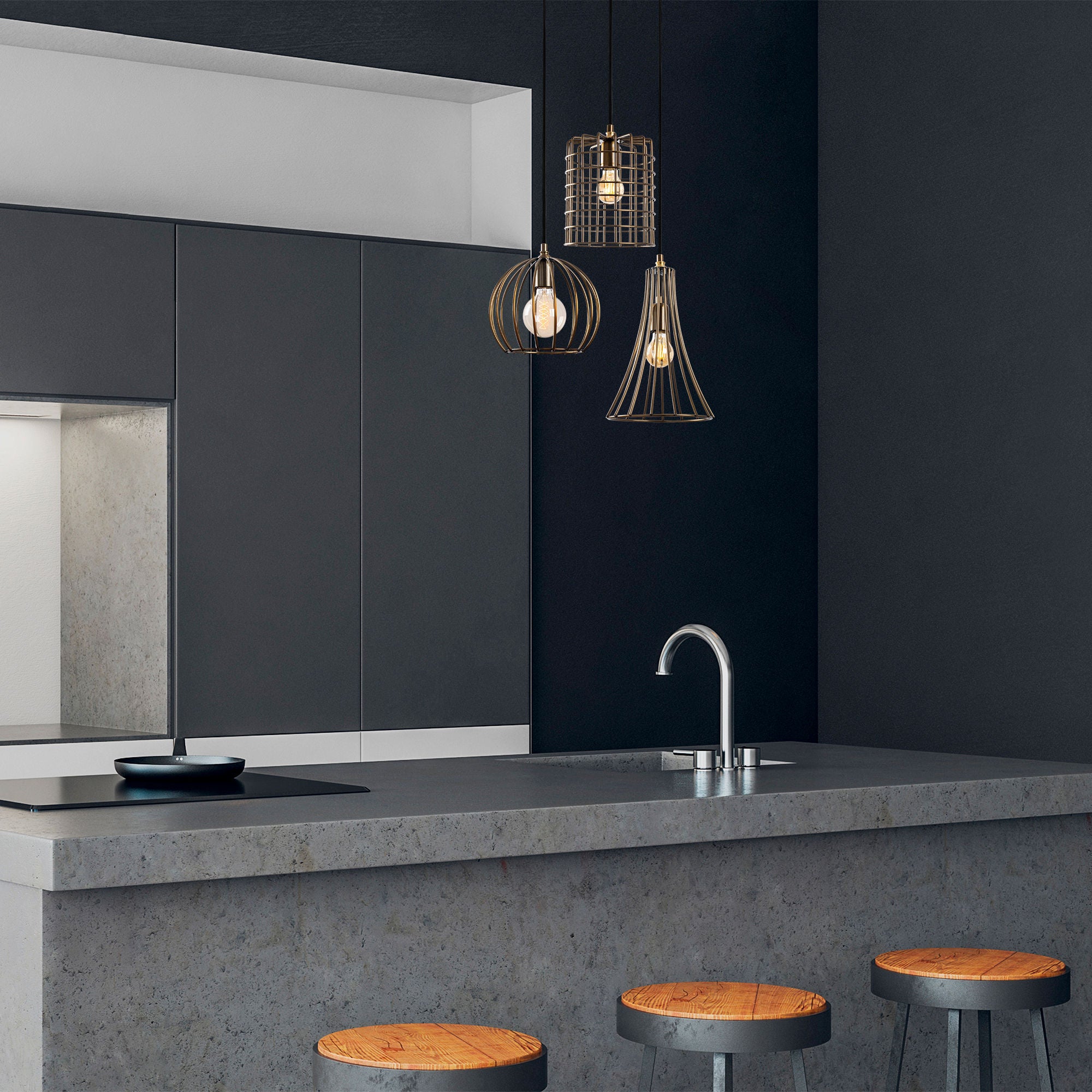 Candeeiro de Teto elegante de cobre, altura ajustável 52 x 41 x 49-129 cm, corpo e base de metal, 3 soquetes E27, acabamento antigo, perfeito para espaços modernos