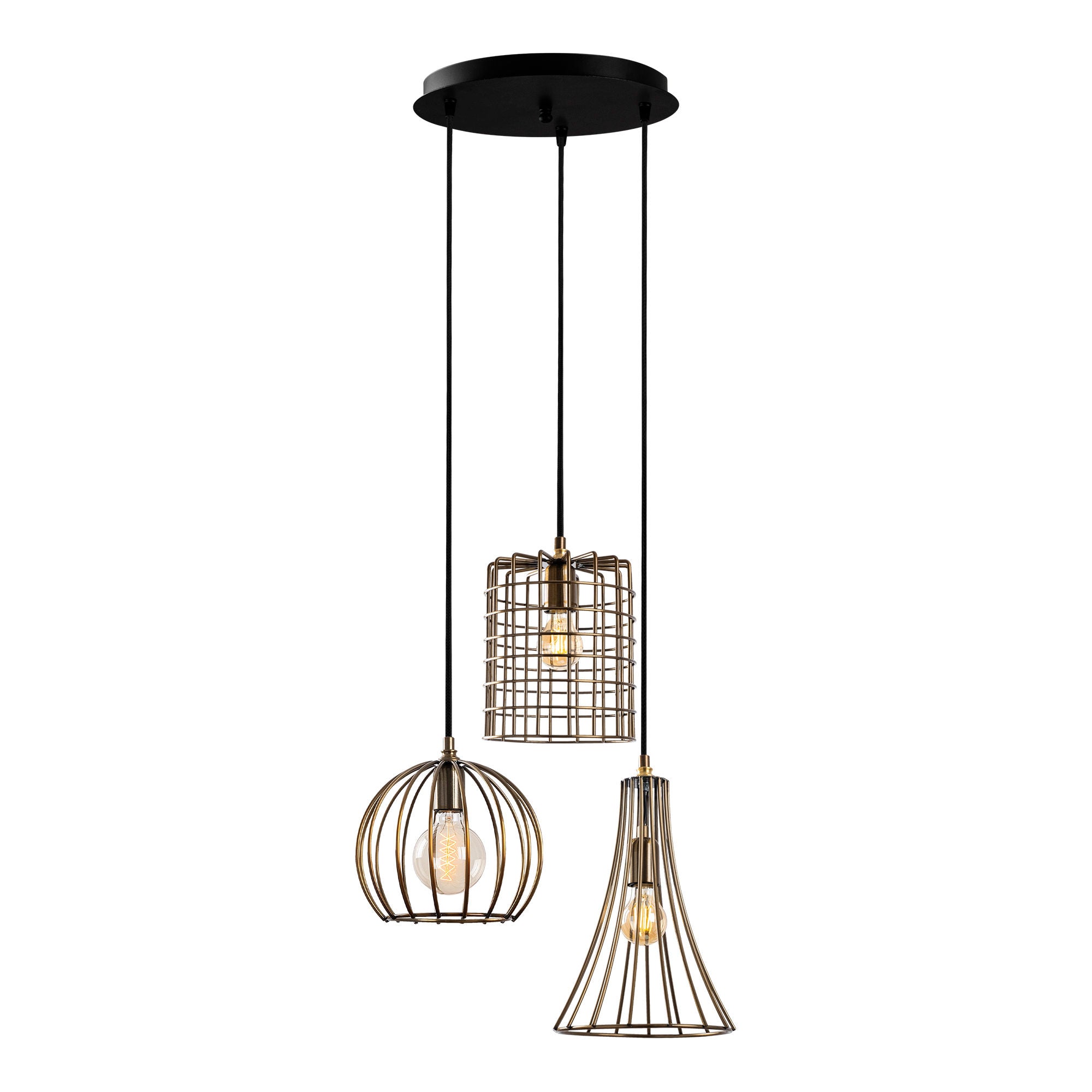 Candeeiro de Teto elegante de cobre, altura ajustável 52 x 41 x 49-129 cm, corpo e base de metal, 3 soquetes E27, acabamento antigo, perfeito para espaços modernos