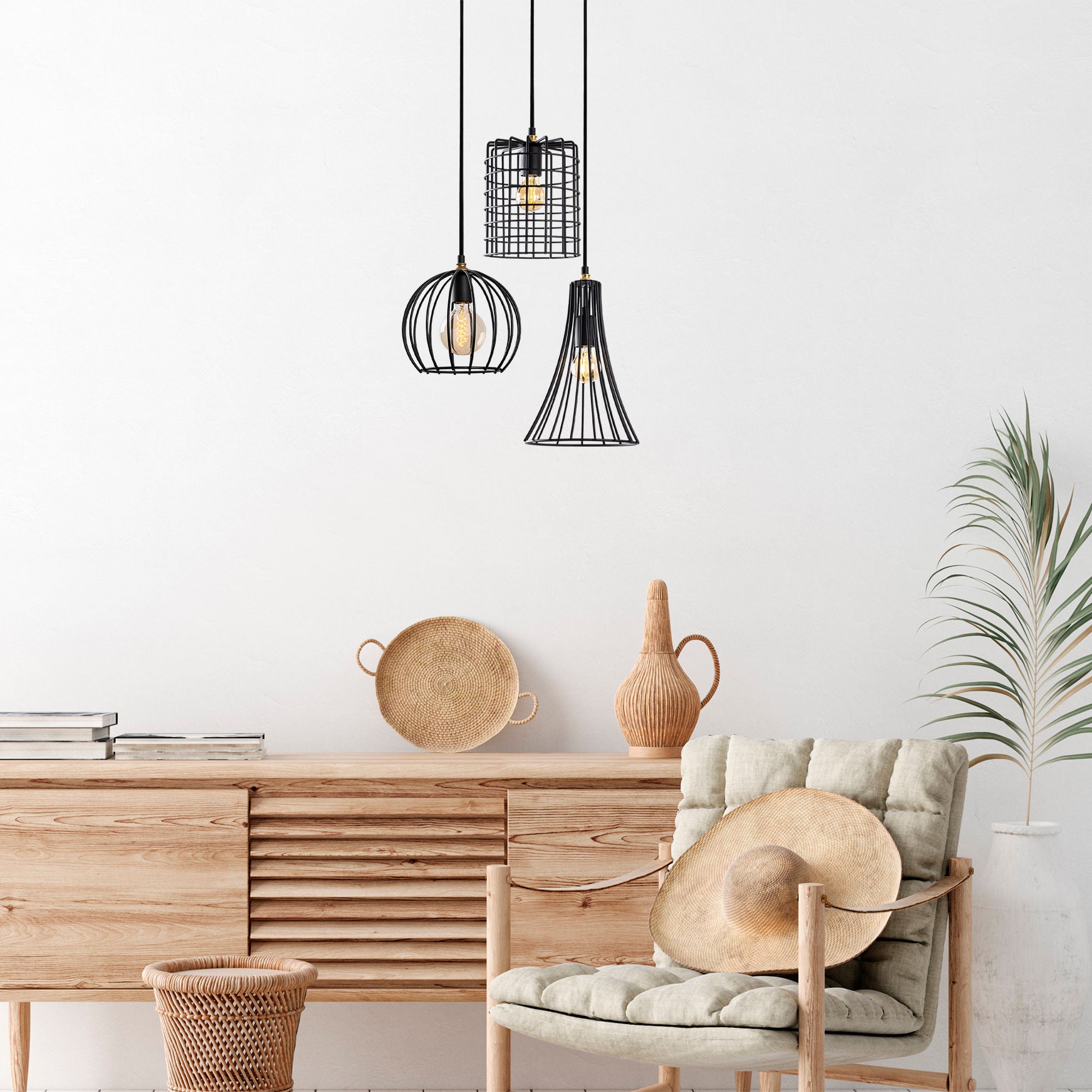 Candeeiro de Teto industrial com corpo de metal, altura ajustável 52 x 41 x 49-129 cm, acabamento preto e antigo, 3 soquetes E27, perfeito para espaços modernos