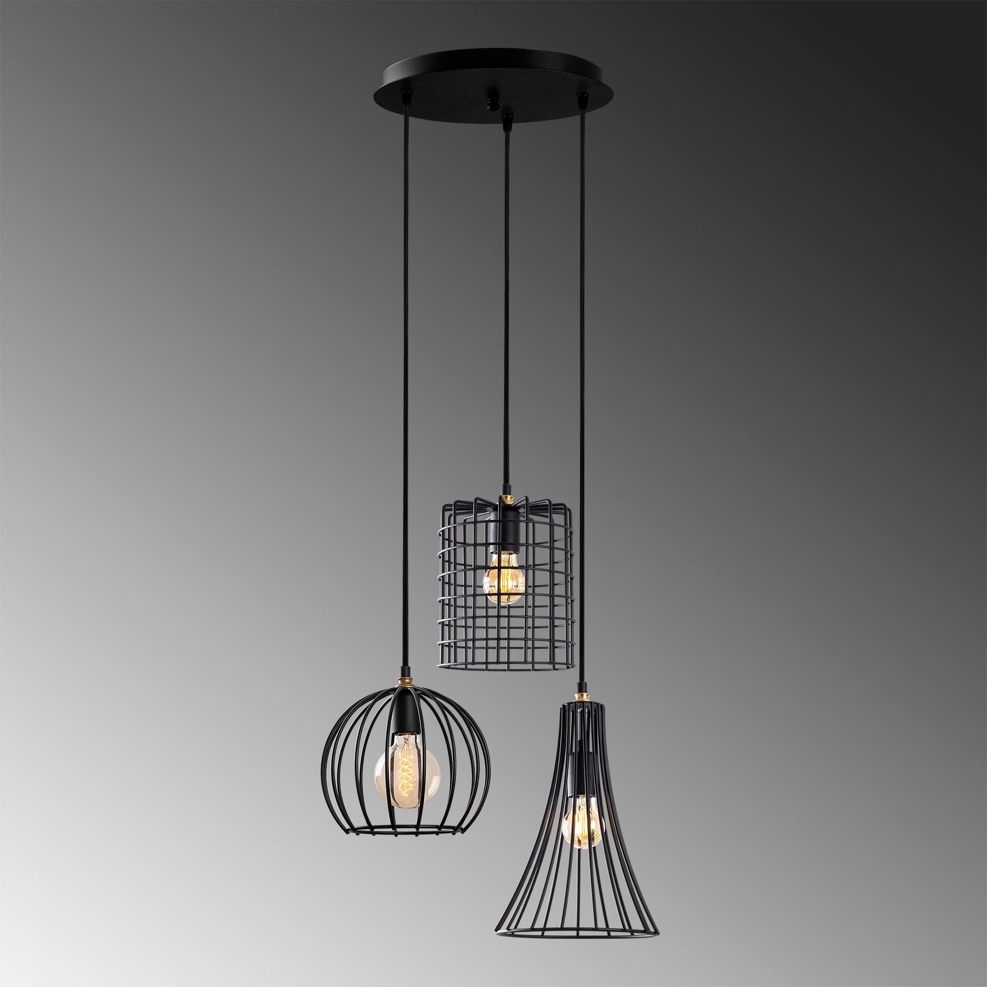 Candeeiro de Teto industrial com corpo de metal, altura ajustável 52 x 41 x 49-129 cm, acabamento preto e antigo, 3 soquetes E27, perfeito para espaços modernos