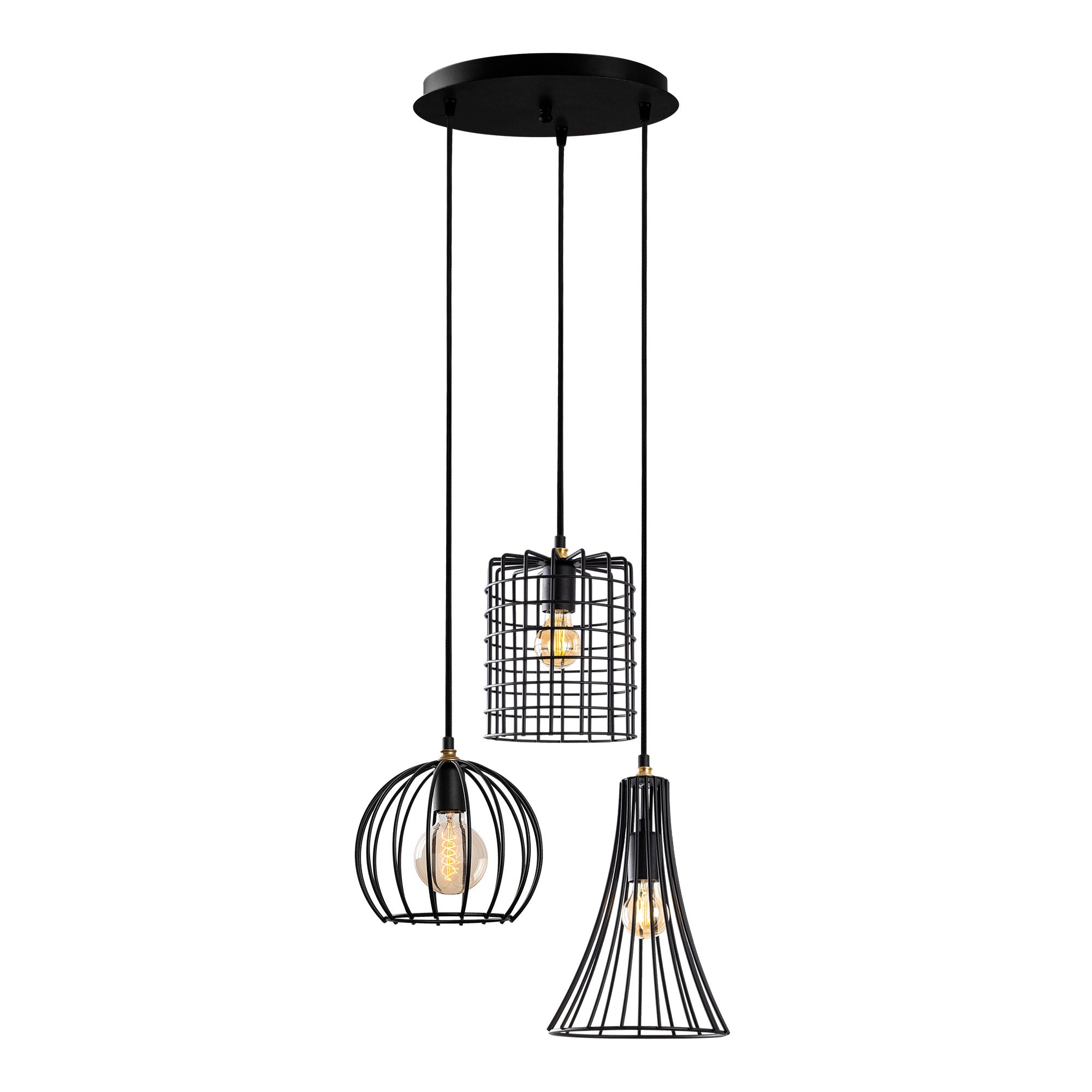 Candeeiro de Teto industrial com corpo de metal, altura ajustável 52 x 41 x 49-129 cm, acabamento preto e antigo, 3 soquetes E27, perfeito para espaços modernos