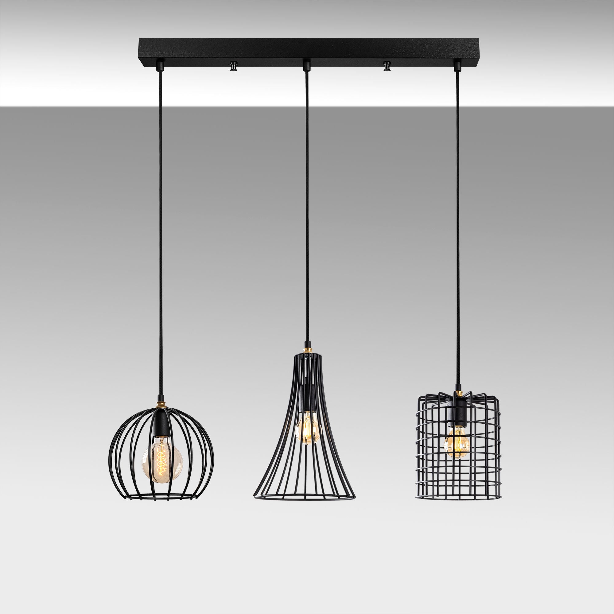 Candeeiro de Teto industrial com corpo de metal, altura ajustável de 49 a 129 cm, acabamento preto e antigo, 3 soquetes E27, perfeito para decoração moderna de casa