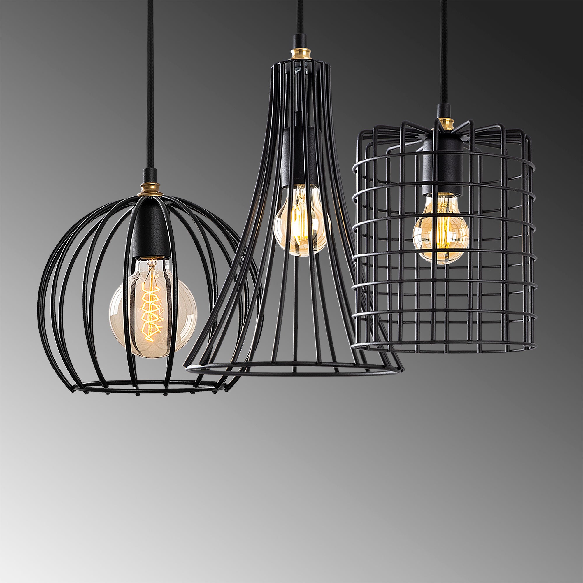 Candeeiro de Teto industrial com corpo de metal, altura ajustável de 49 a 129 cm, acabamento preto e antigo, 3 soquetes E27, perfeito para decoração moderna de casa