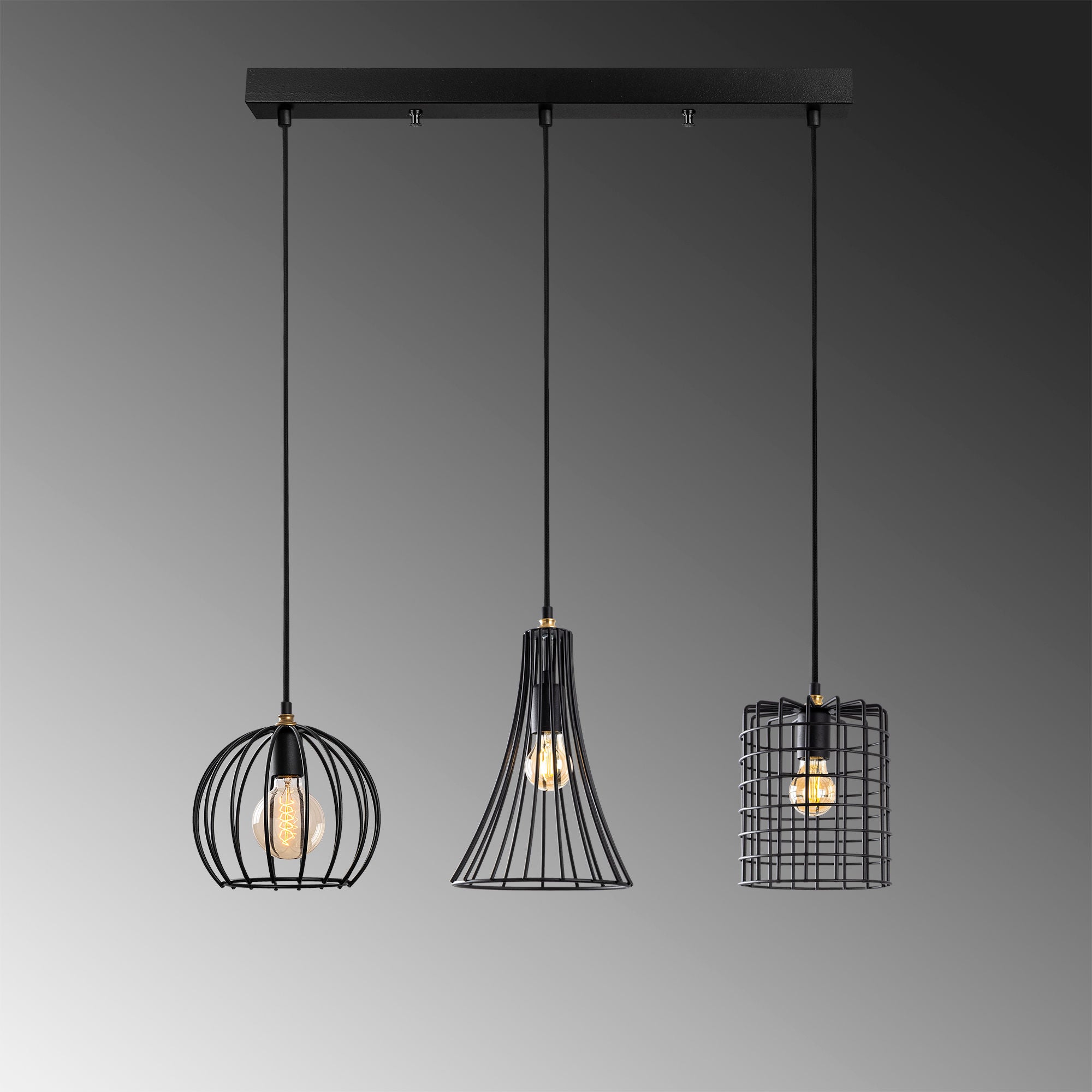 Candeeiro de Teto industrial com corpo de metal, altura ajustável de 49 a 129 cm, acabamento preto e antigo, 3 soquetes E27, perfeito para decoração moderna de casa