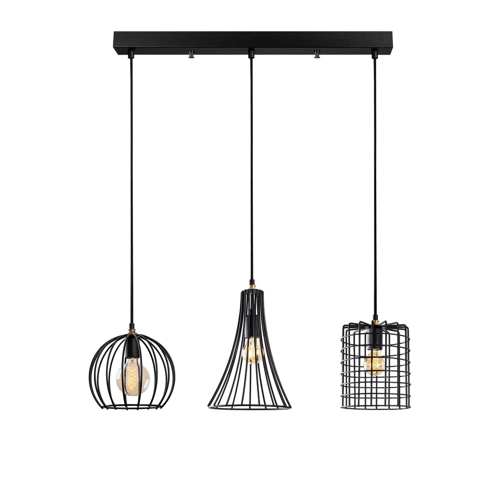 Candeeiro de Teto industrial com corpo de metal, altura ajustável de 49 a 129 cm, acabamento preto e antigo, 3 soquetes E27, perfeito para decoração moderna de casa