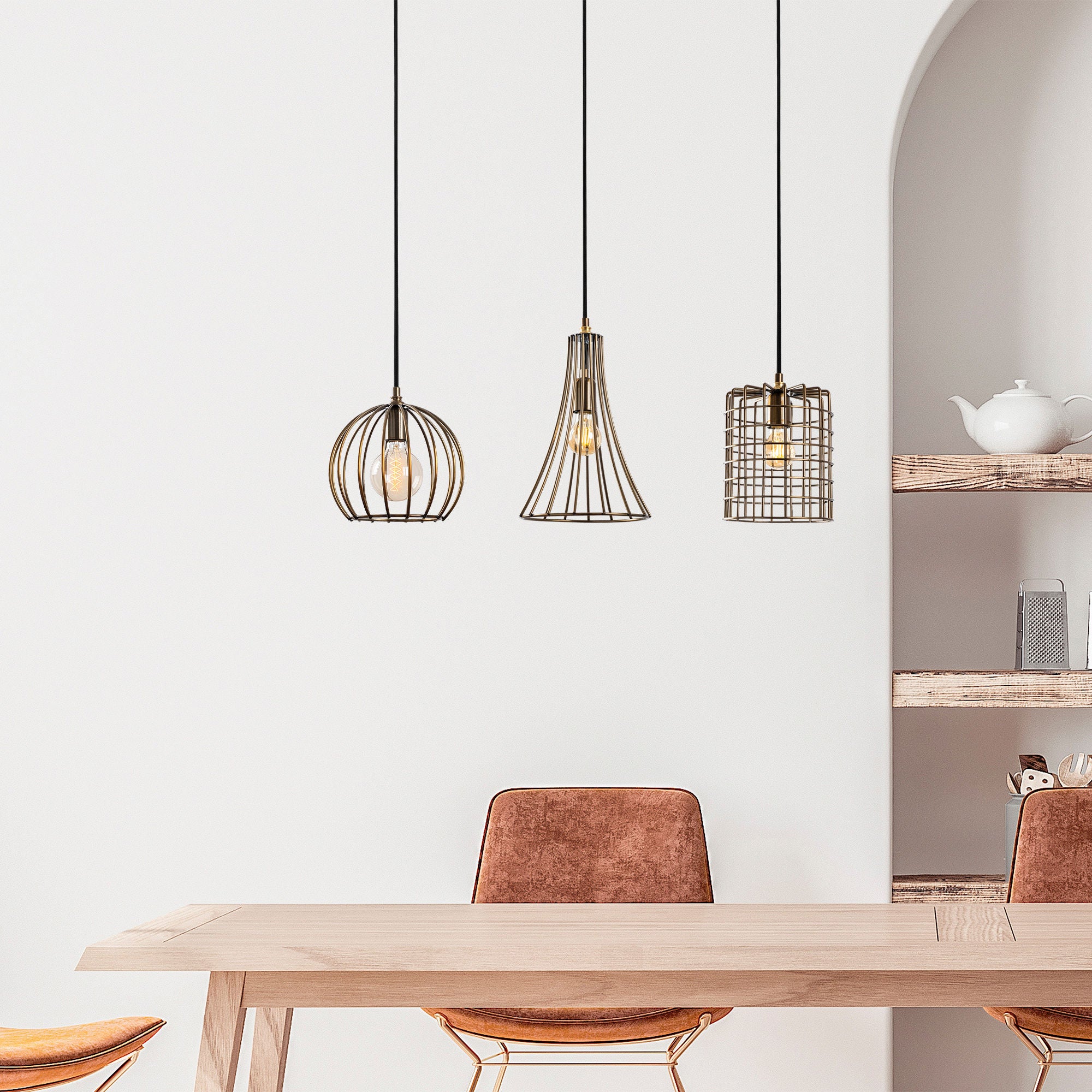 Candeeiro de Teto elegante de cobre, altura ajustável 91 x 25 x 49-129 cm, corpo de metal, 3 soquetes E27, acabamento antigo, perfeito para espaços modernos