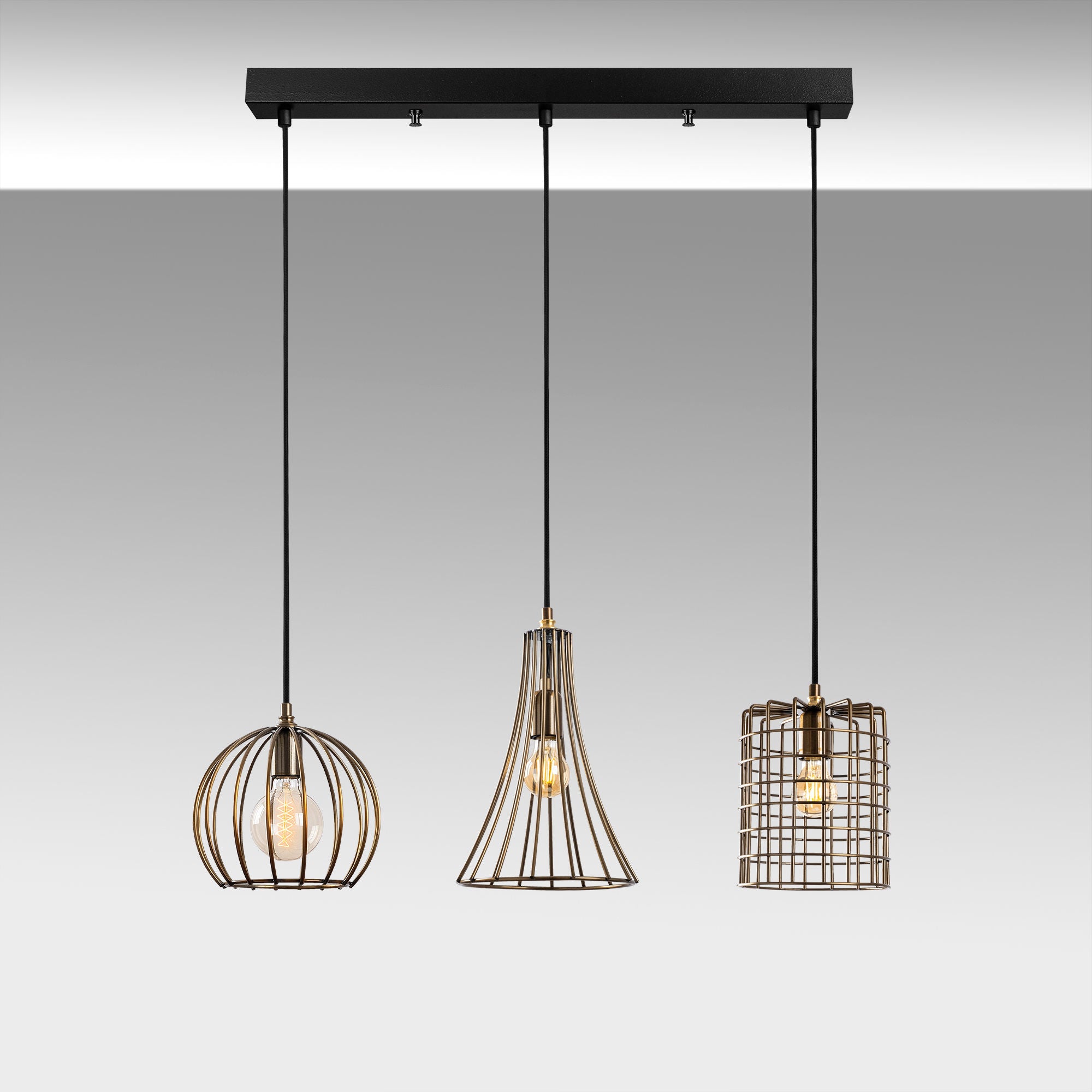 Candeeiro de Teto elegante de cobre, altura ajustável 91 x 25 x 49-129 cm, corpo de metal, 3 soquetes E27, acabamento antigo, perfeito para espaços modernos