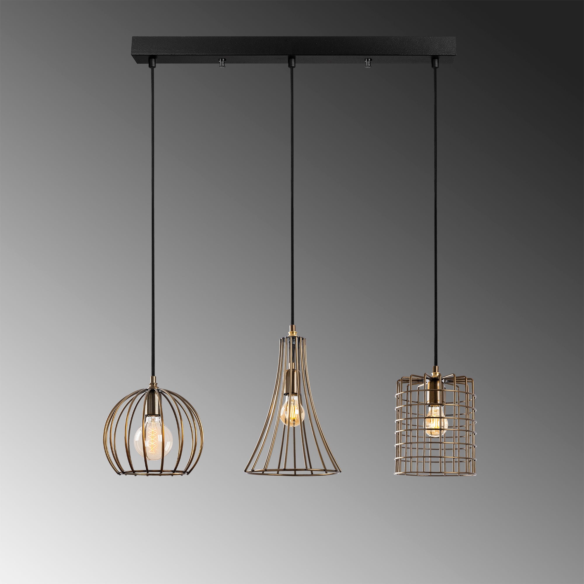 Candeeiro de Teto elegante de cobre, altura ajustável 91 x 25 x 49-129 cm, corpo de metal, 3 soquetes E27, acabamento antigo, perfeito para espaços modernos