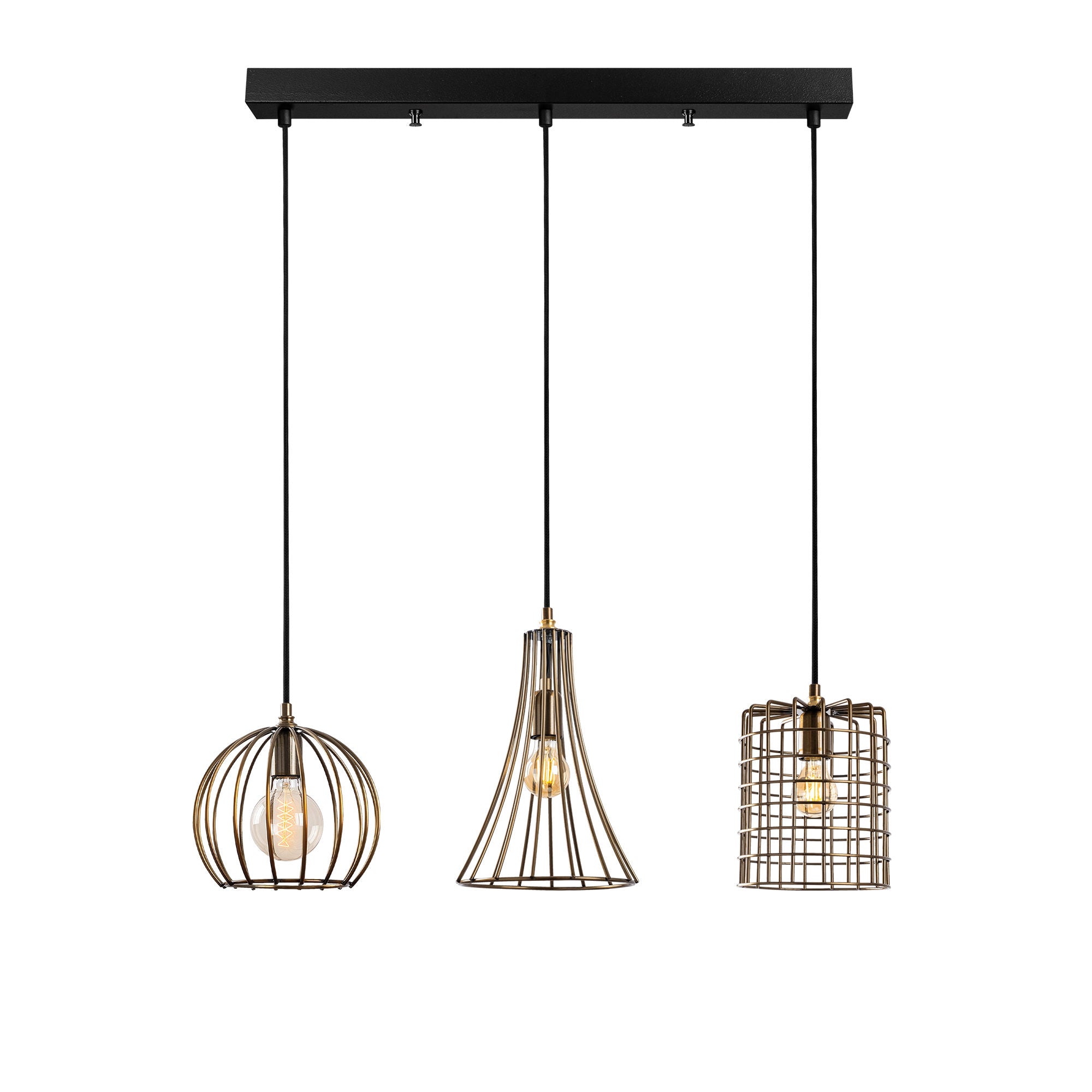 Candeeiro de Teto elegante de cobre, altura ajustável 91 x 25 x 49-129 cm, corpo de metal, 3 soquetes E27, acabamento antigo, perfeito para espaços modernos