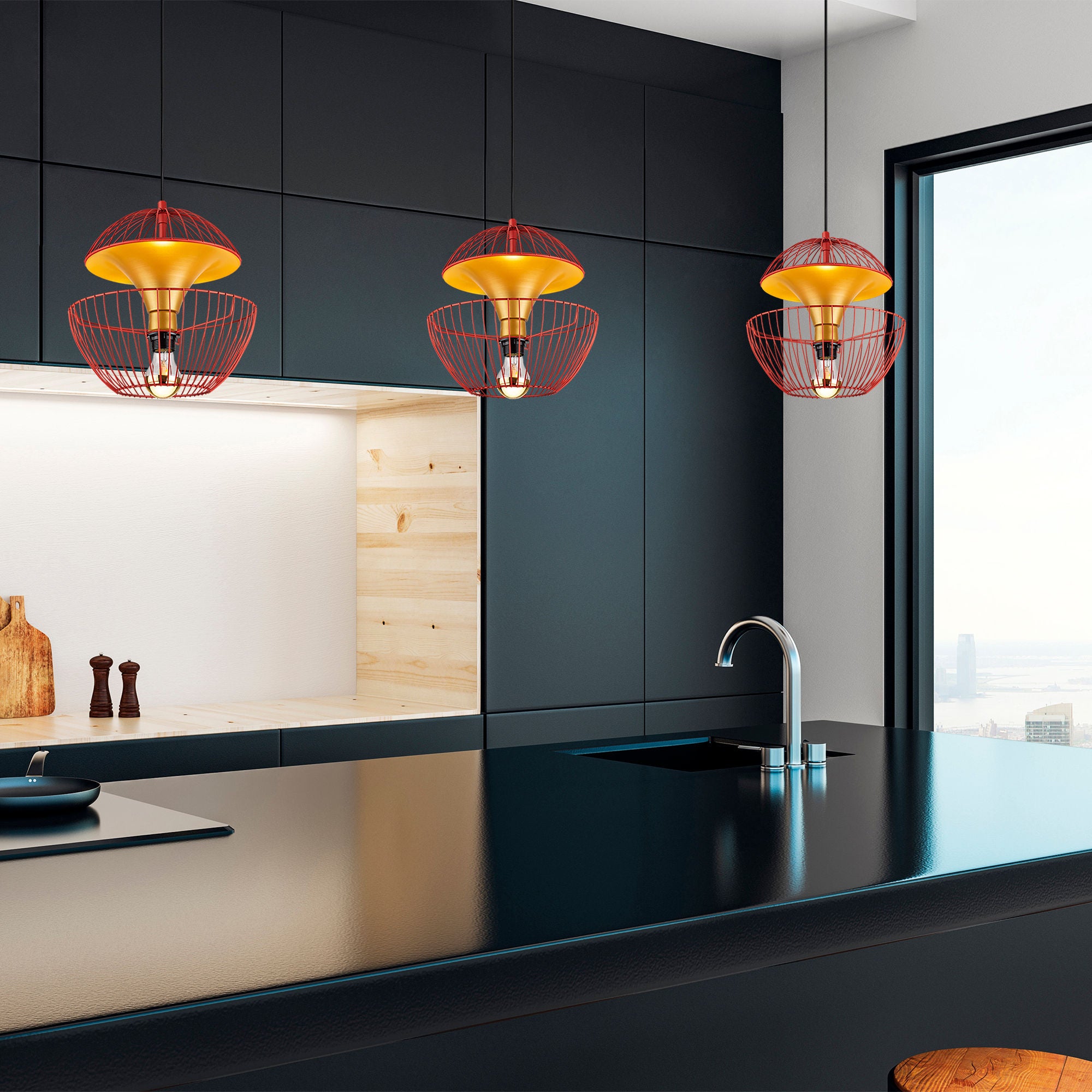 Candeeiro de Teto vermelho moderno, altura ajustável 30x30x45-135 cm, corpo de metal, soquete E27, design elegante para casa e escritório, classificação IP20, iluminação elegante