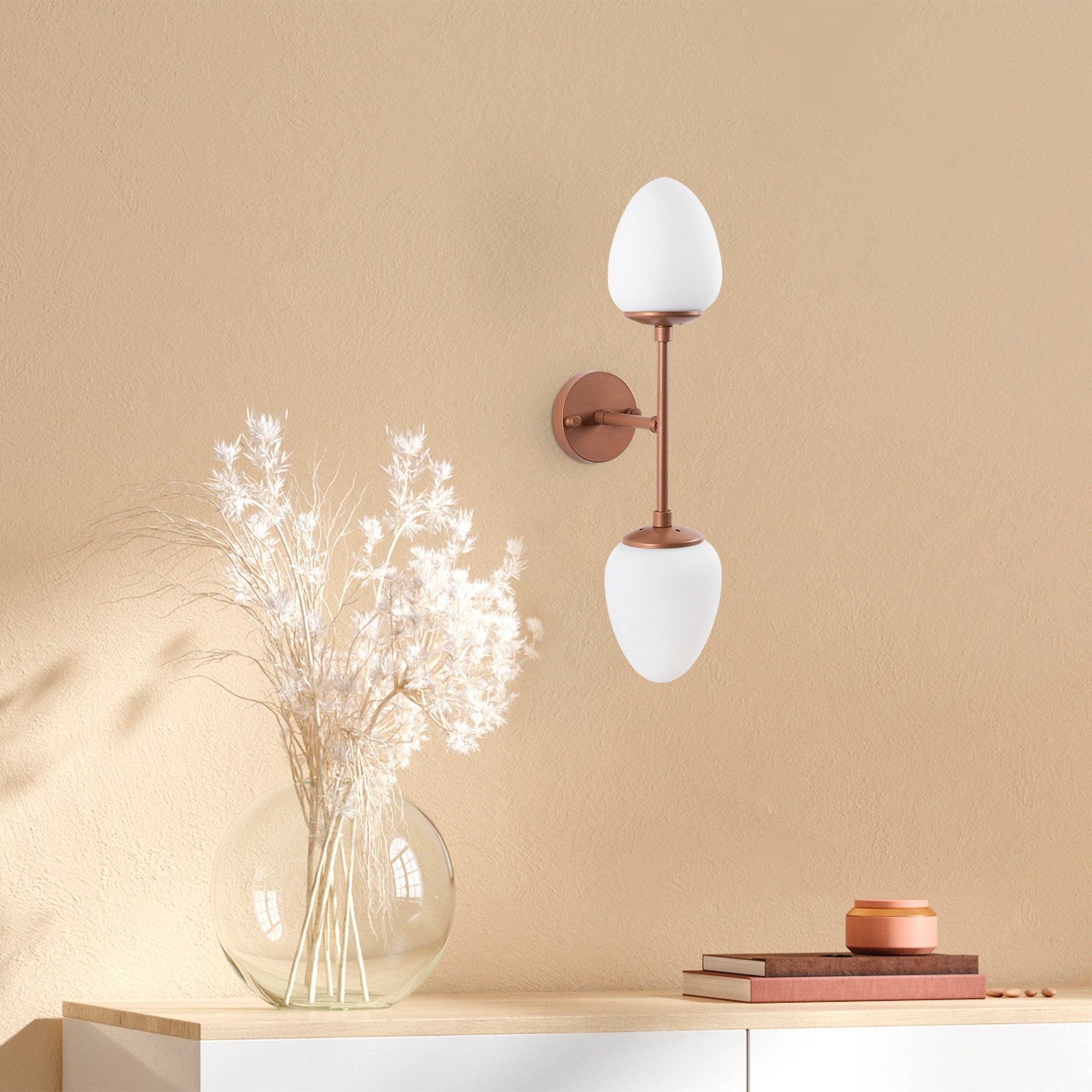 Candeeiro de Parede elegante em cobre, corpo de metal, 12 x 23 x 56 cm | IP20, 2 soquetes E14, design boêmio e escandinavo | Ideal para hotéis e espaços modernos