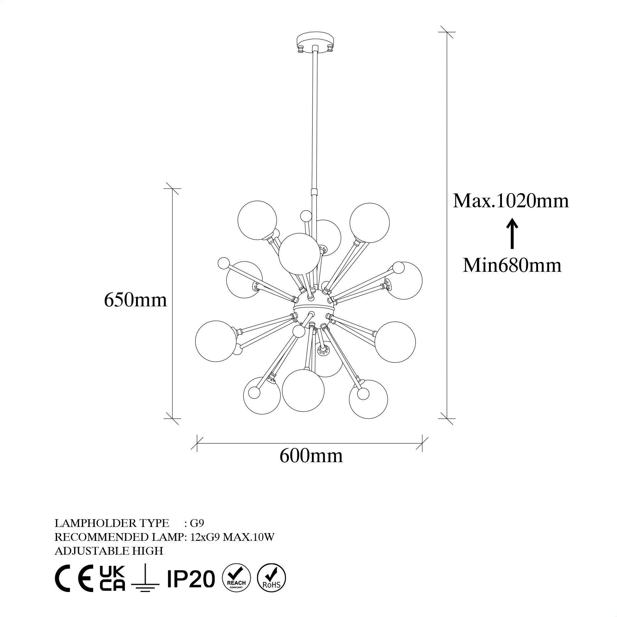 Candeeiro de Teto vintage elegante, corpo de metal, altura ajustável 60 x 60 x 68 cm, acabamento em cobre, design escandinavo, soquete G9 de 10 W, perfeito para espaços modernos