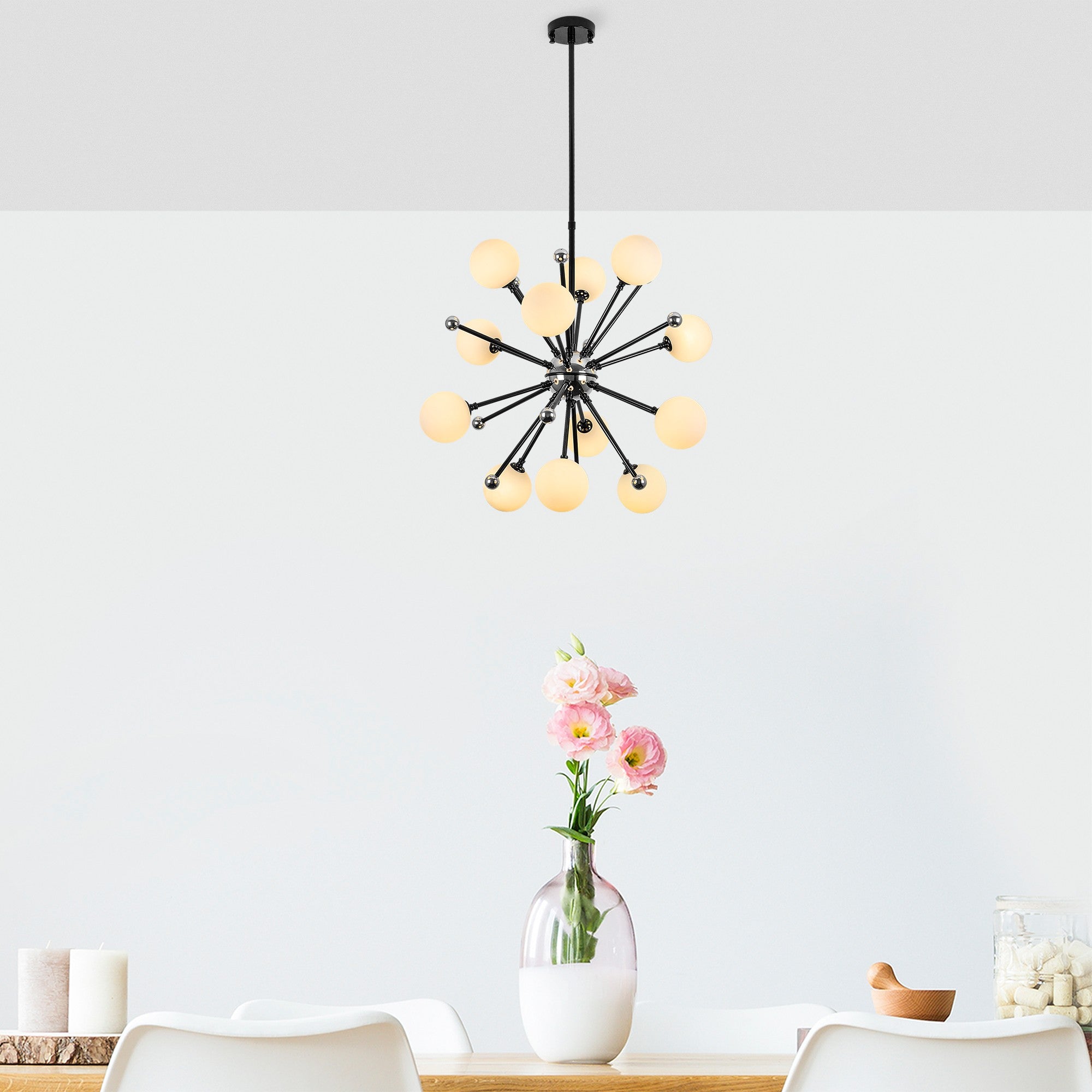 Candeeiro de Teto preto moderno, corpo de metal, 60 x 60 x 68 cm, altura ajustável, IP20, soquete 12 x G9, perfeito para decoração industrial e escandinava