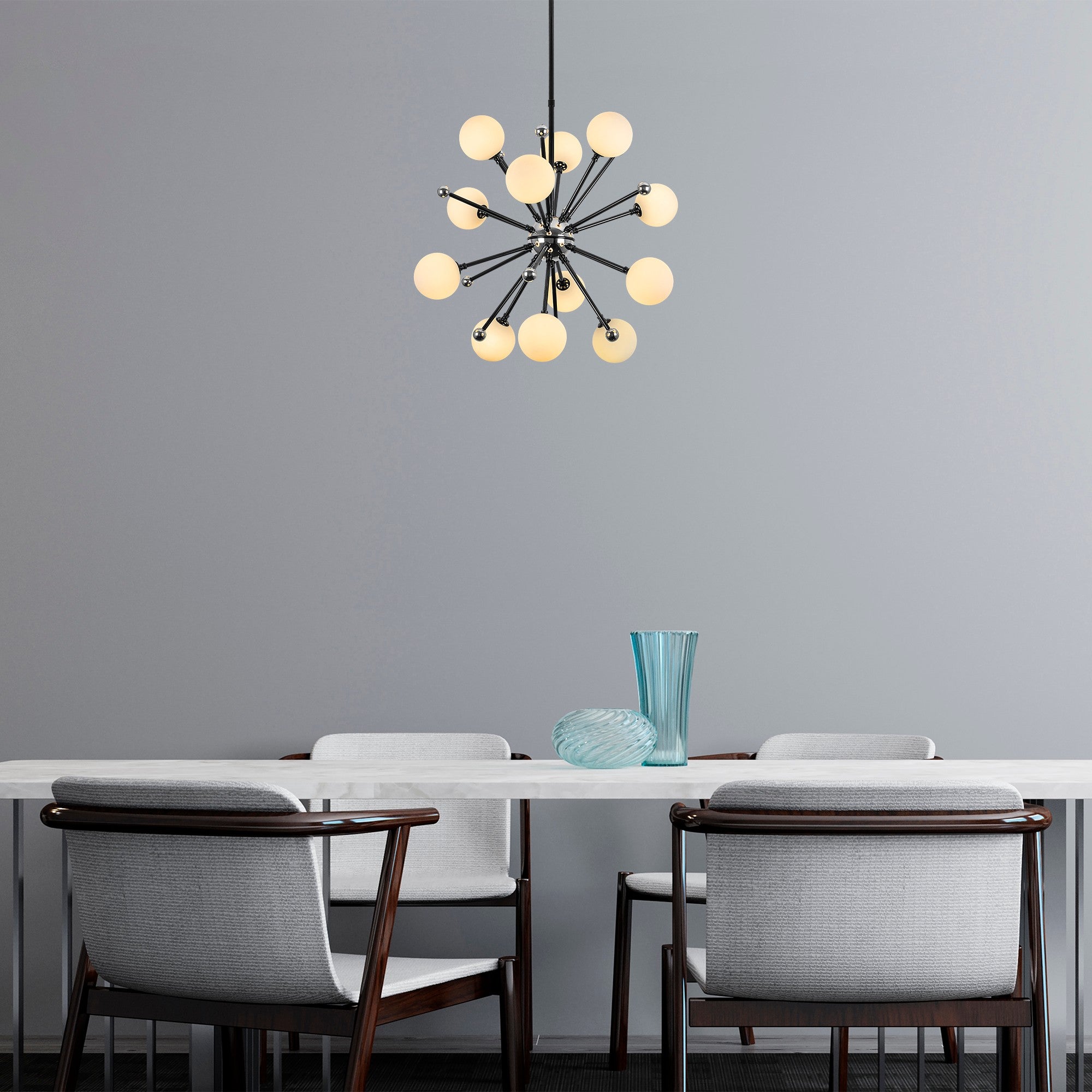 Candeeiro de Teto preto moderno, corpo de metal, 60 x 60 x 68 cm, altura ajustável, IP20, soquete 12 x G9, perfeito para decoração industrial e escandinava