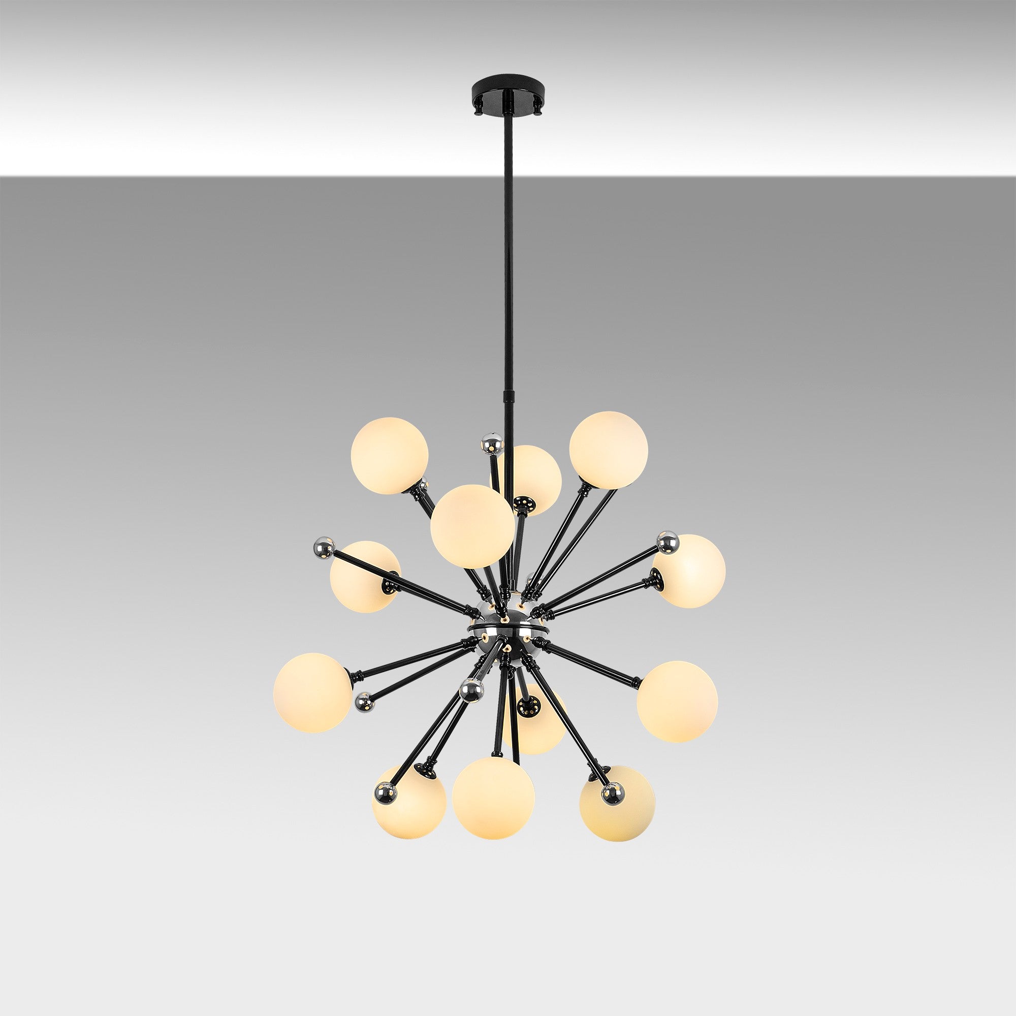 Candeeiro de Teto preto moderno, corpo de metal, 60 x 60 x 68 cm, altura ajustável, IP20, soquete 12 x G9, perfeito para decoração industrial e escandinava