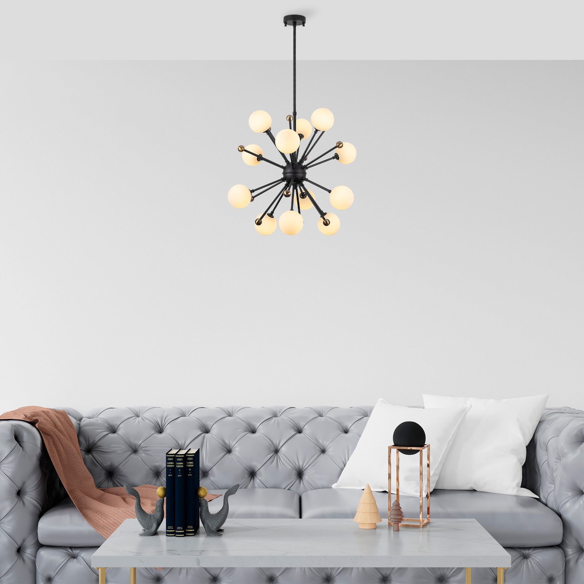 Candeeiro de Teto preto moderno, corpo de metal, 60 x 60 x 68 cm, altura ajustável, IP20, soquete 12 x G9, perfeito para decoração industrial e escandinava