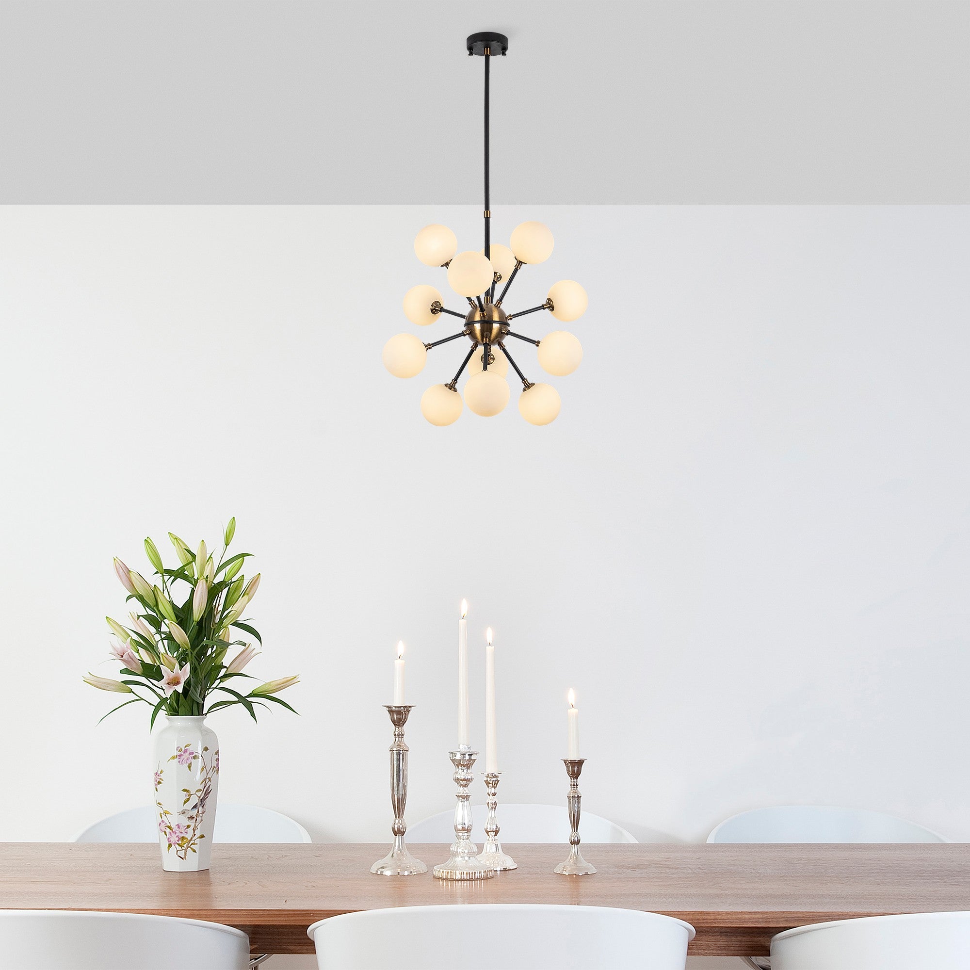 Candeeiro de Teto preto moderno, corpo de metal, 52 x 52 x 53 cm, altura ajustável, IP20, 12 soquetes G9, design escandinavo elegante para casa e escritório