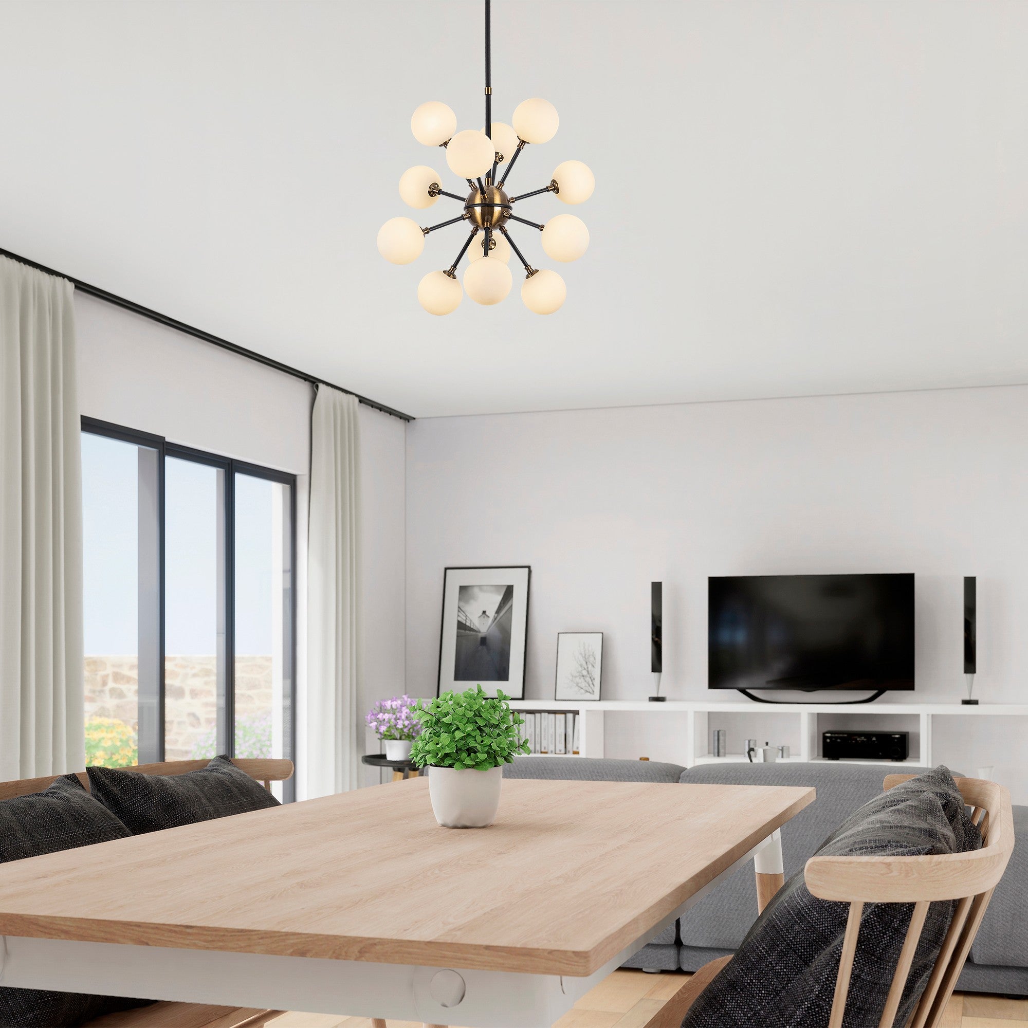 Candeeiro de Teto preto moderno, corpo de metal, 52 x 52 x 53 cm, altura ajustável, IP20, 12 soquetes G9, design escandinavo elegante para casa e escritório