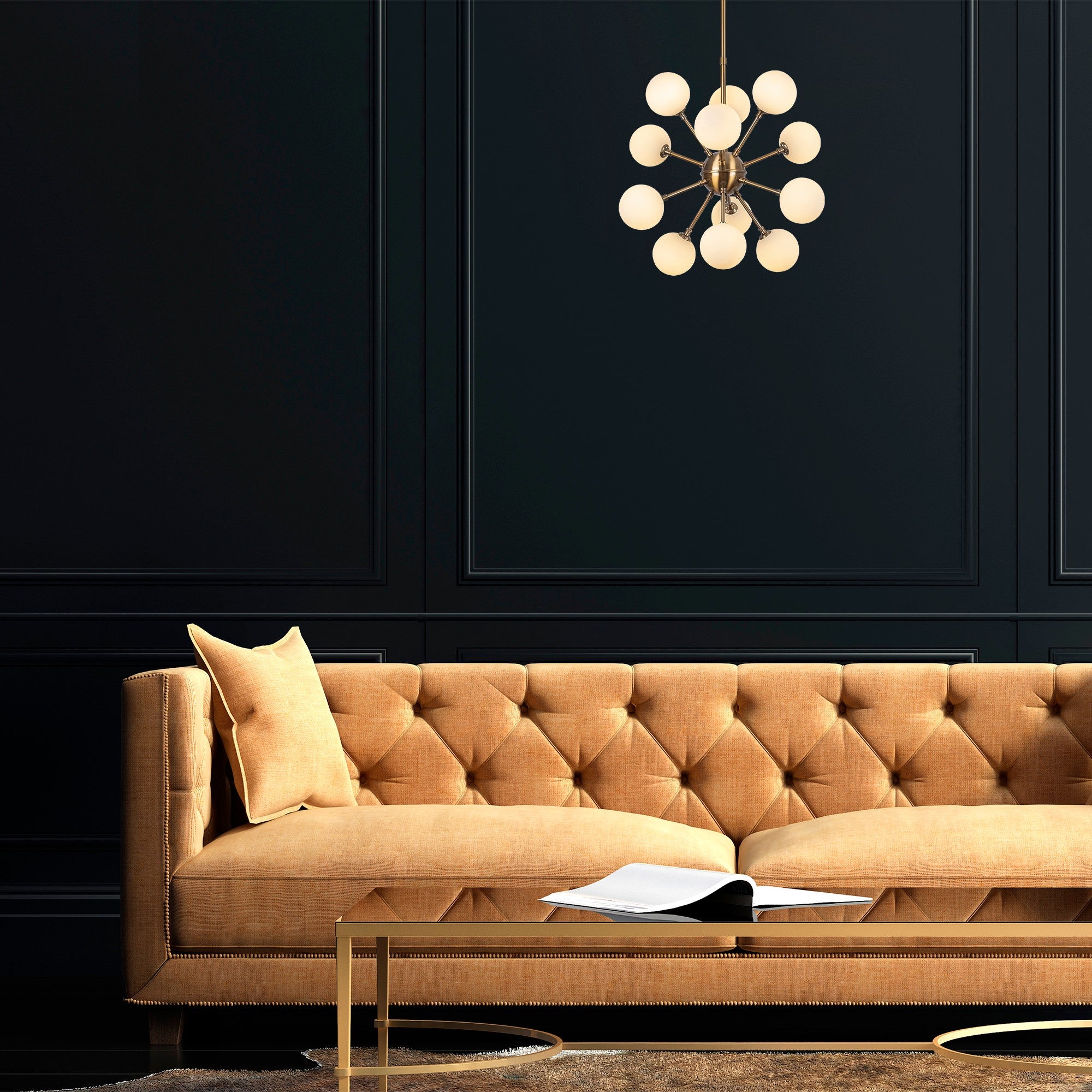 Candeeiro de Teto vintage elegante, corpo de metal cobre, 52 x 52 x 53 cm, altura ajustável, 12 soquetes G9, design escandinavo moderno, perfeito para decoração de casa