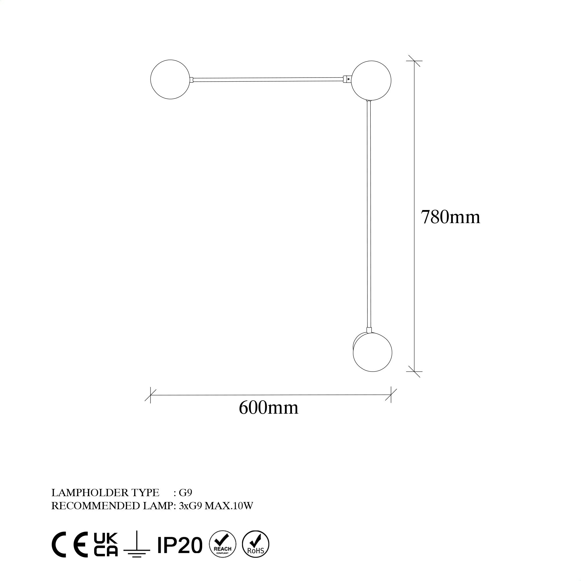 Candeeiro de Parede moderna, preta e creme, 60 x 16 x 78 cm | Corpo de metal, tampa de vidro, IP20, 3 soquetes G9 (lâmpada não incluída) | Design industrial e escandinavo elegante