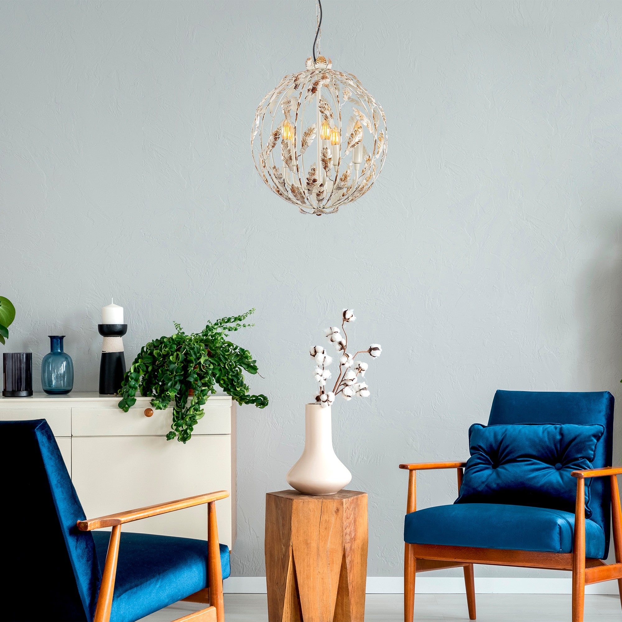 Candeeiro de Teto moderno com corpo de metal, altura ajustável 41 x 41 x 64 cm, 5 soquetes E14, design floral glamoroso, perfeito para interiores elegantes