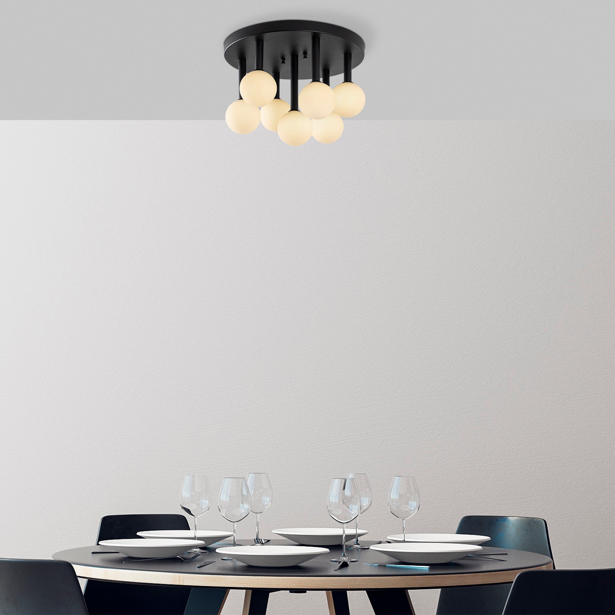 Candeeiro de Teto Industrial Moderno, Preto e Creme, 44 x 44 x 40 cm | Corpo em Metal, Tampa de Vidro, 7 Soquetes G9 (Lâmpada Não Inclusa) | Iluminação Elegante para Decoração Escandinava e Moderna