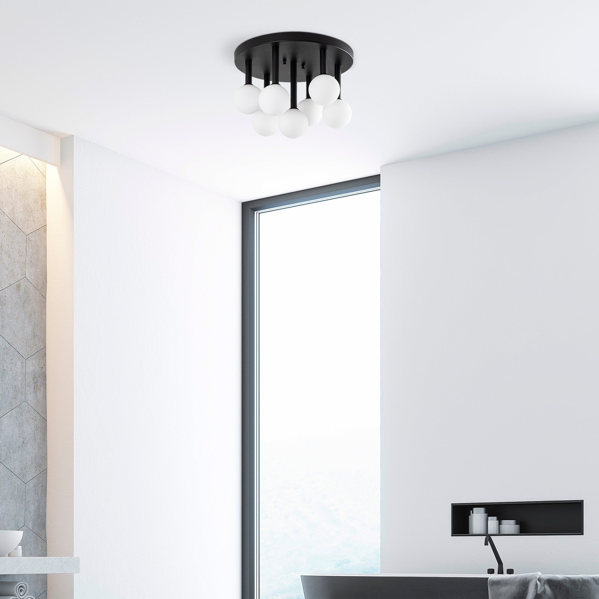 Candeeiro de Teto Industrial Moderno, Preto e Creme, 44 x 44 x 40 cm | Corpo em Metal, Tampa de Vidro, 7 Soquetes G9 (Lâmpada Não Inclusa) | Iluminação Elegante para Decoração Escandinava e Moderna