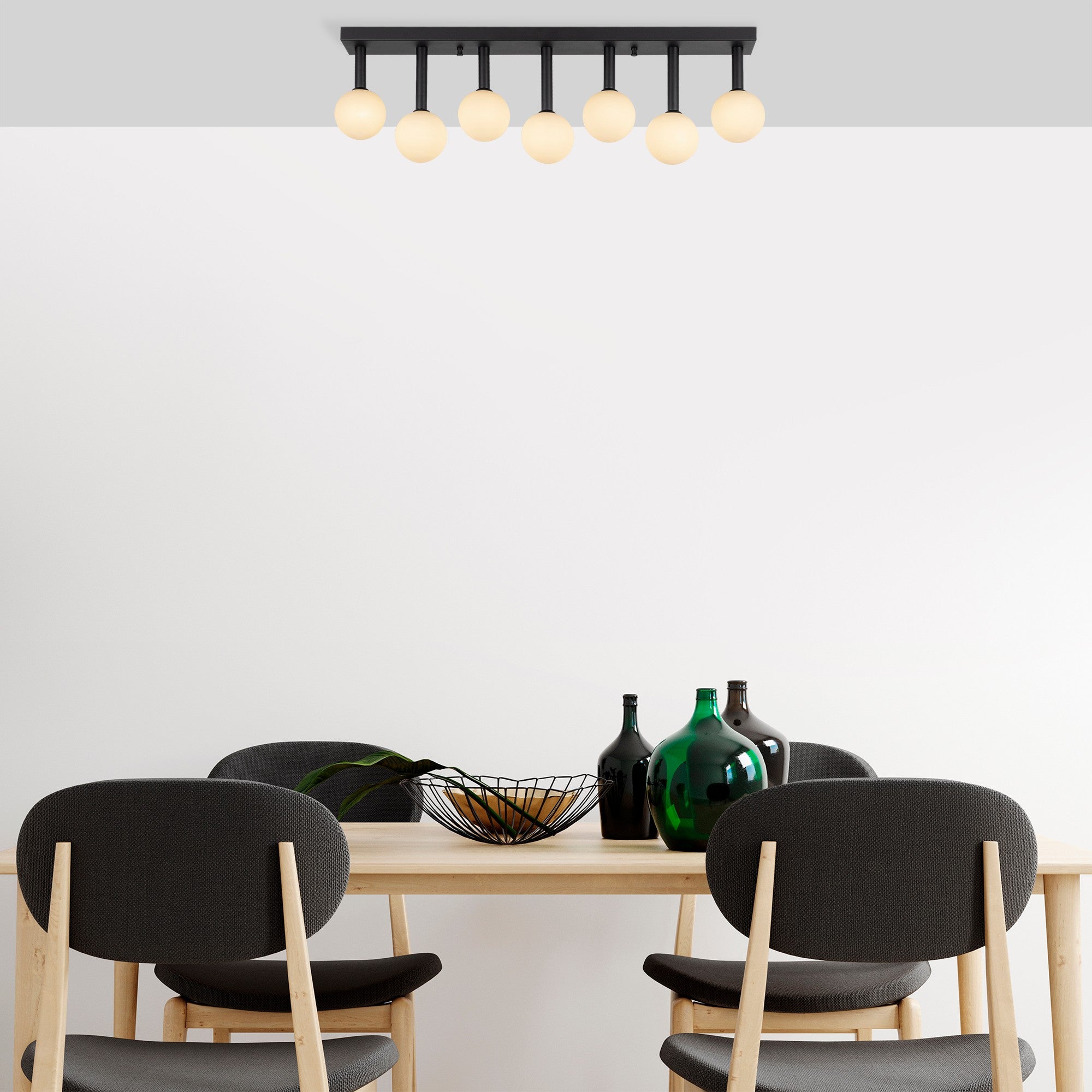 Candeeiro de Teto Industrial Moderno, Preto e Creme, 82 x 10 x 26 cm | Corpo em Metal, Tampa de Vidro, 7 Soquetes G9 (Lâmpada Não Inclusa) | Design Escandinavo Elegante