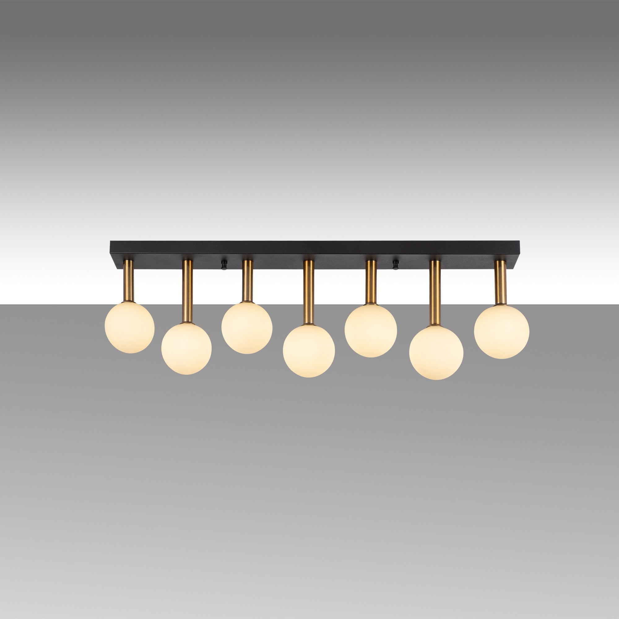 Candeeiro de Teto moderno com corpo de metal e tampa de vidro, 82 x 10 x 26 cm, preto/antigo/branco, 7 soquetes G9, design escandinavo elegante, lâmpada não incluída