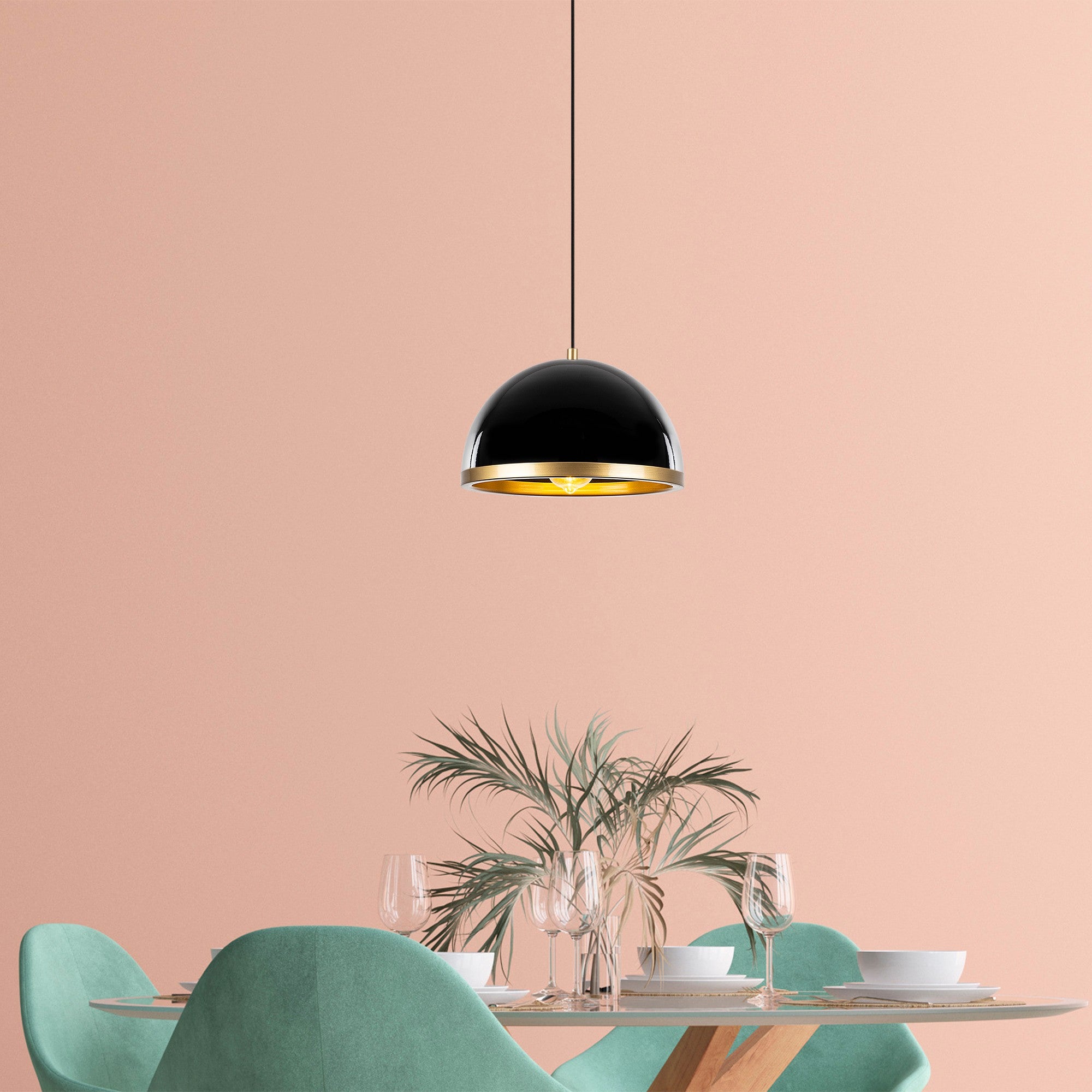 Candeeiro de Teto elegante preto e dourado, corpo de metal, 30 x 30 x 21 cm, altura ajustável até 111 cm, soquete E27, design moderno e glamouroso para decoração de casa