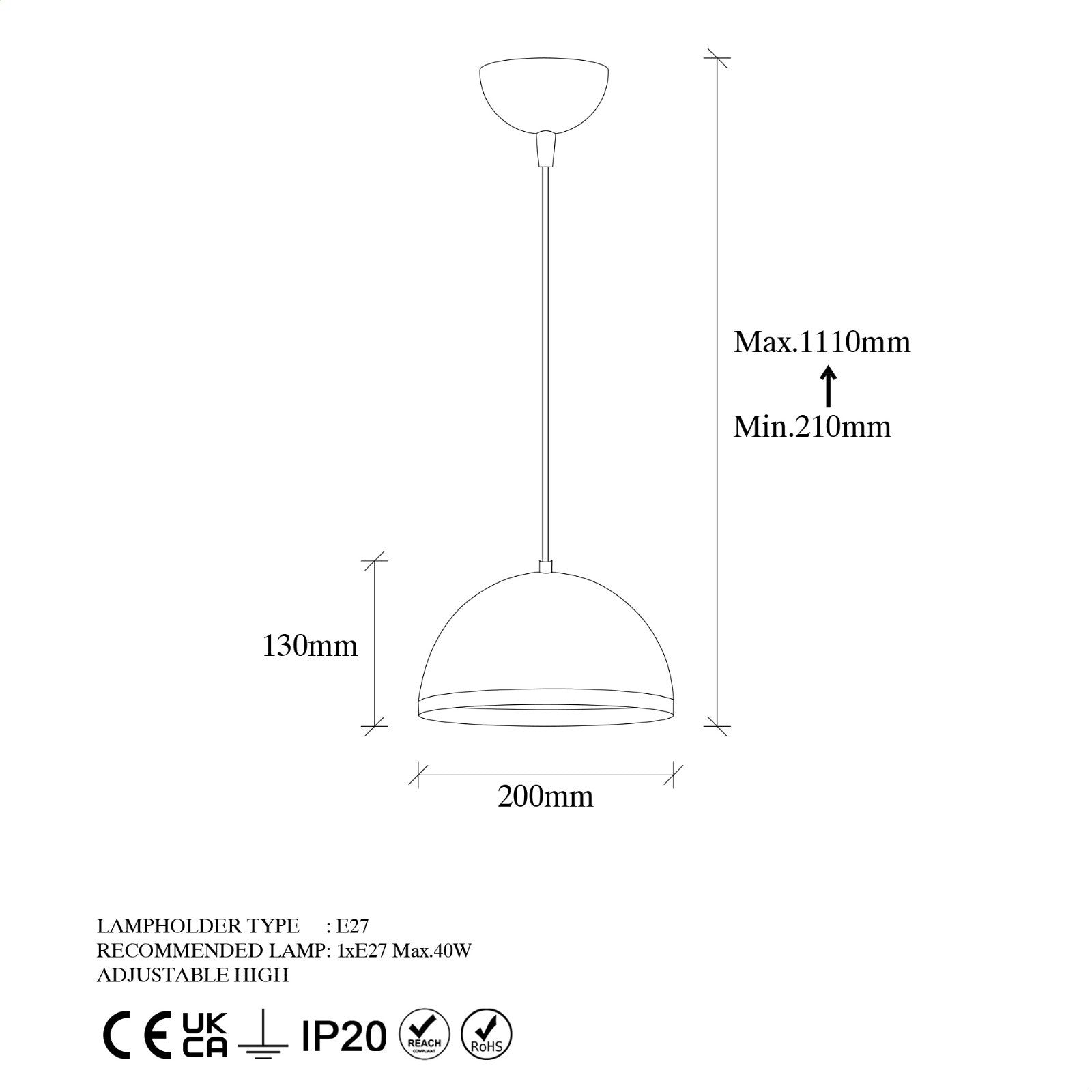 Candeeiro de Teto elegante preto e dourado, altura ajustável 20x20x21 cm, corpo de metal, design escandinavo glamouroso, soquete E27, potência máxima de 40 W, perfeito para espaços modernos