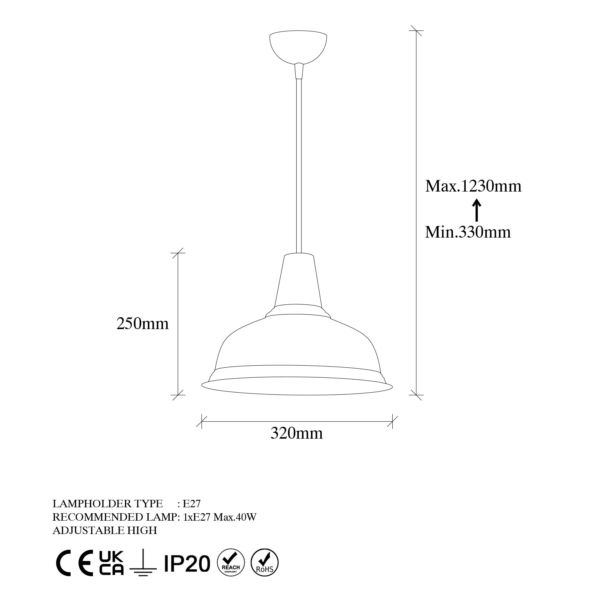 Candeeiro de Teto Elegante de Cobre, Altura Ajustável 32 x 32 x 33 cm | Corpo em Metal, IP20, Soquete E27, Máx. 40 W | Perfeito para Decoração Barroca e Escandinava
