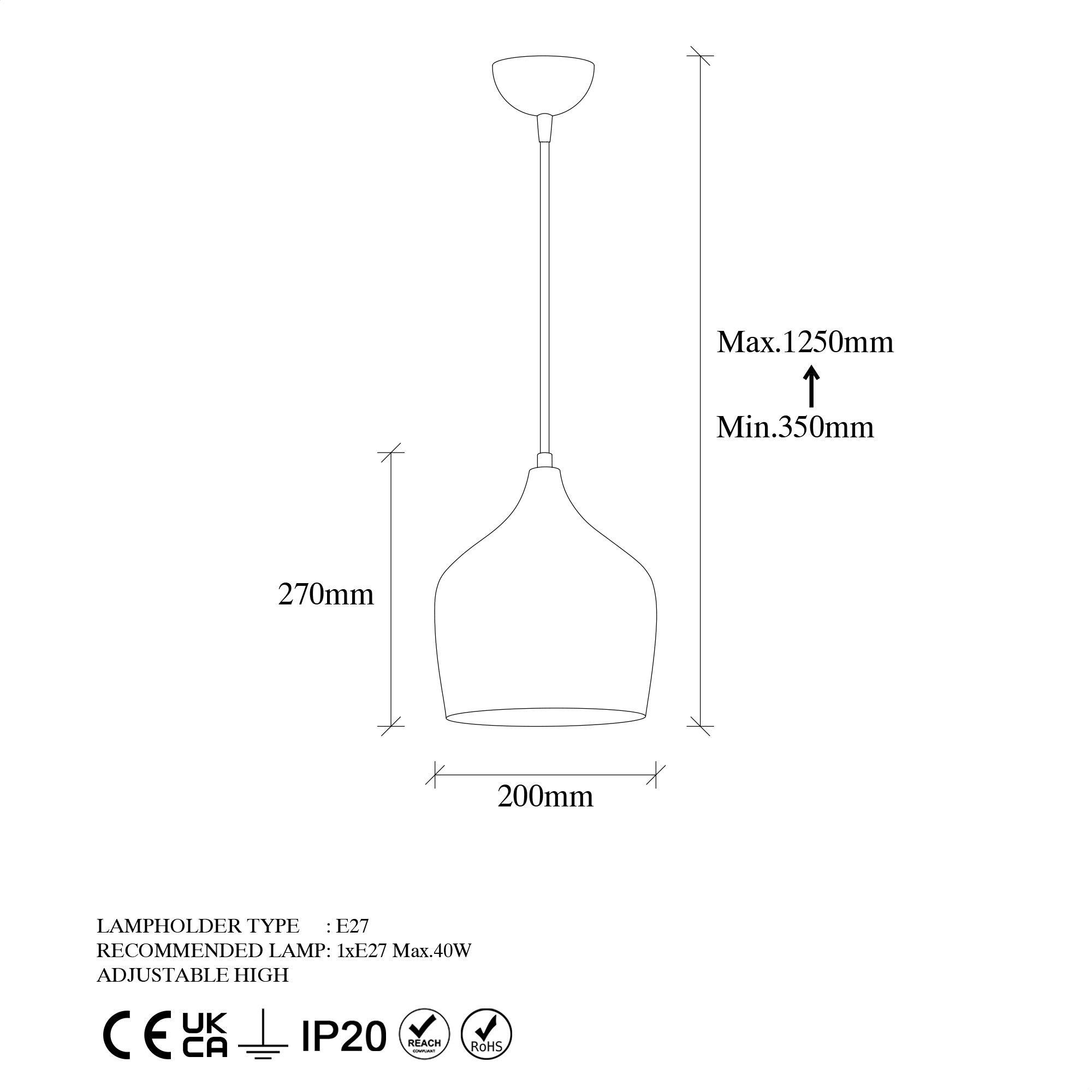 Candeeiro de Teto elegante de cobre, 20 x 20 x 35 cm, altura ajustável até 125 cm | Corpo de metal, design barroco e escandinavo | Soquete E27, máx. 40 W, IP20