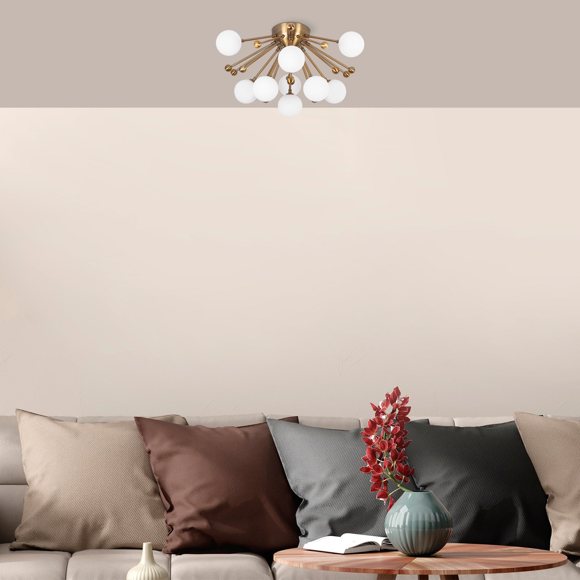 Candeeiro de Teto elegante de cobre, 56 x 56 x 34 cm, corpo de metal com tampa de vidro, design vintage, 9 soquetes G9 (lâmpada não incluída), perfeito para decoração moderna e escandinava