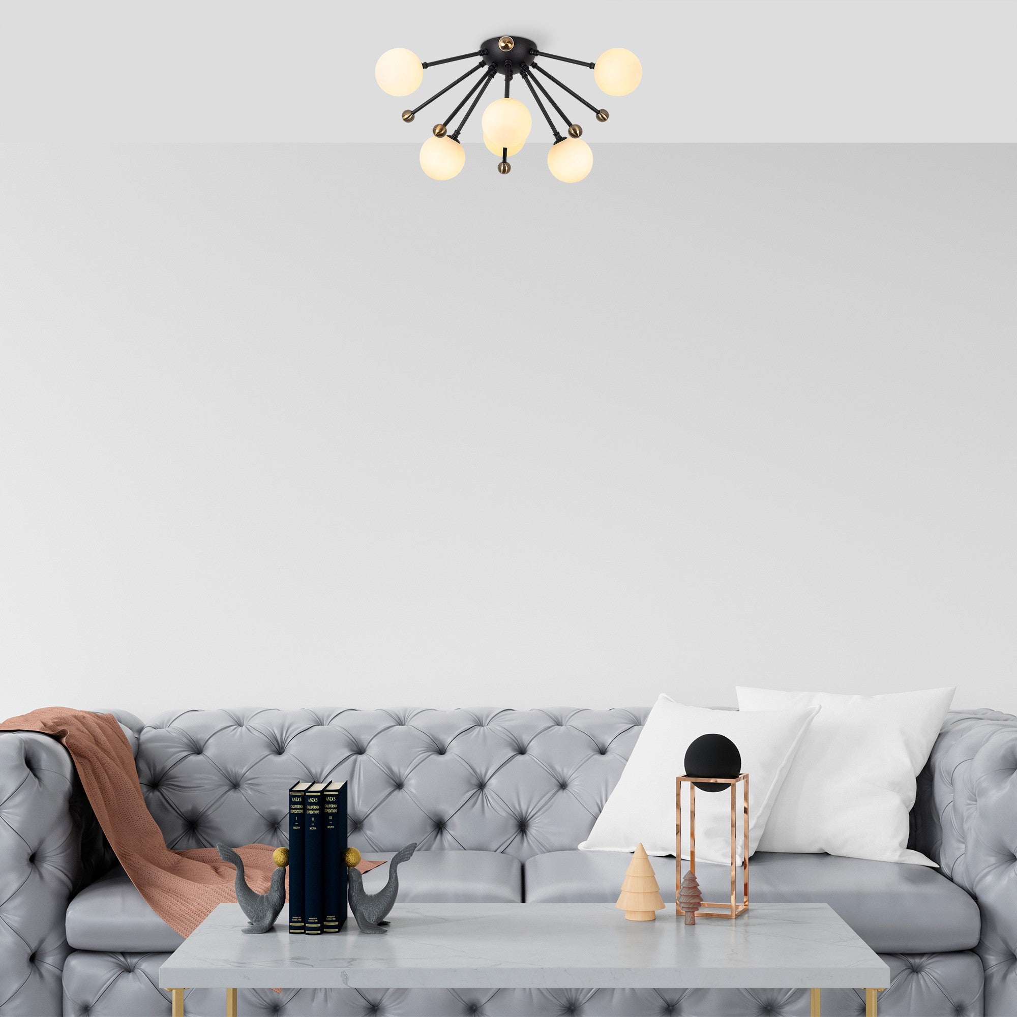 Candeeiro de Teto Industrial Moderno, Preto e Branco Antigo, 50 x 50 x 28 cm | Corpo em Metal, Tampa de Vidro, 6 Soquetes G9 (Lâmpada Não Inclusa) | Design Escandinavo Elegante