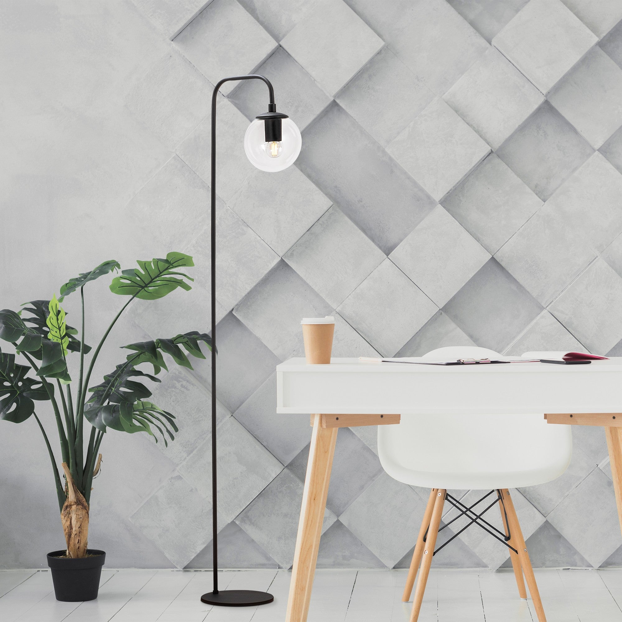 Candeeiro de Pé preta moderna com corpo de metal e tampa de vidro, 27 x 27 x 146 cm | Soquete E14, interruptor liga/desliga | Design industrial e escandinavo elegante