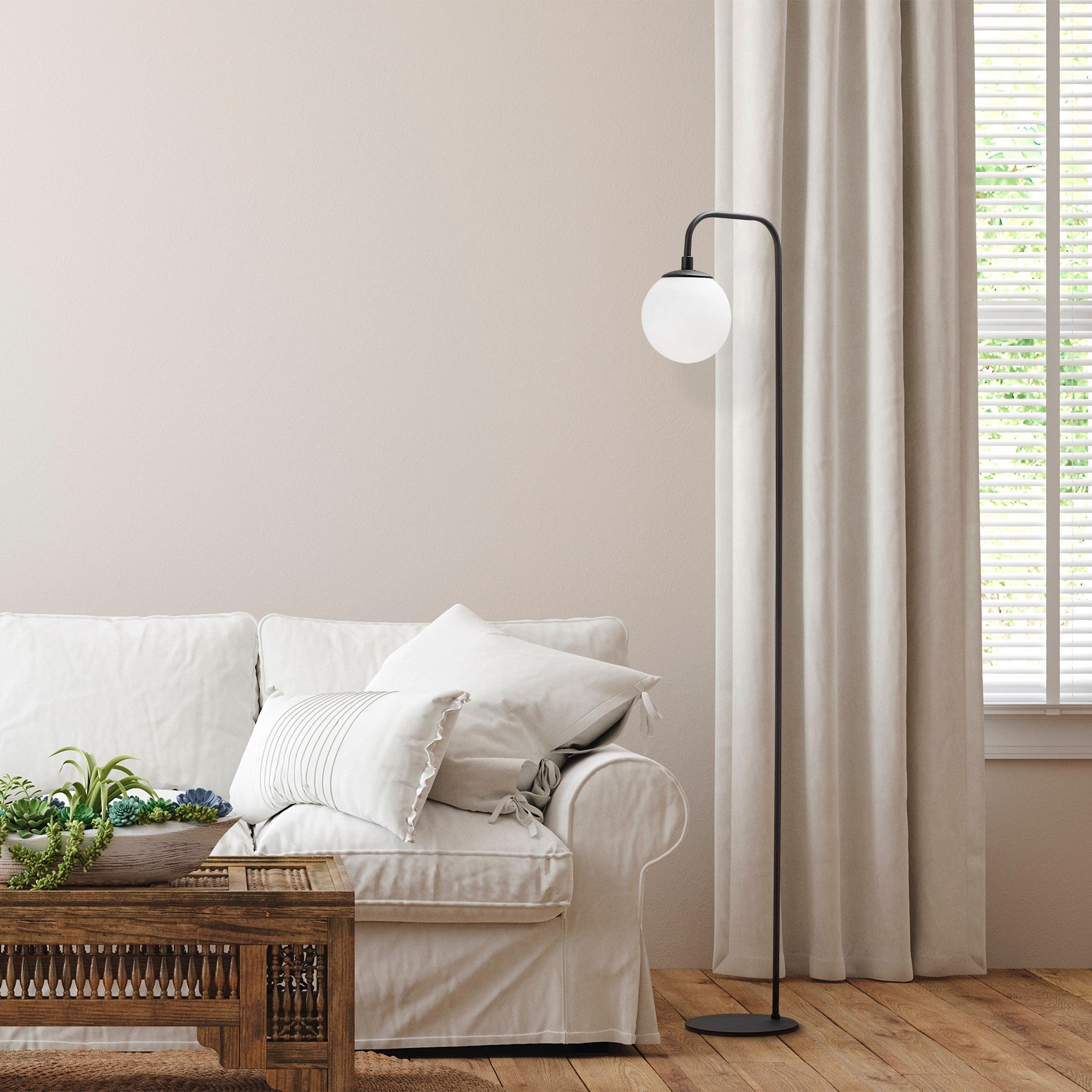 Candeeiro de Pé moderna com corpo de metal e base de vidro, preta e creme, 27 x 27 x 146 cm | Soquete E14, design industrial elegante para casa e escritório
