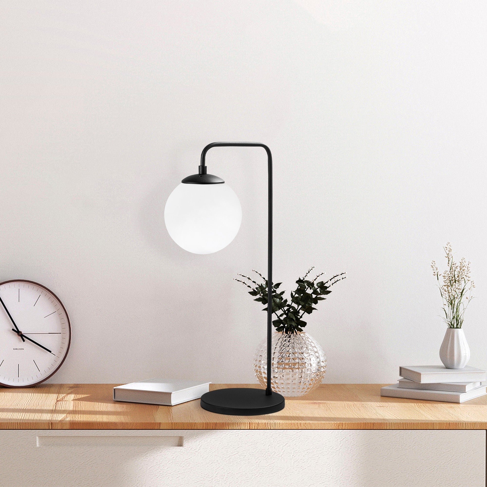 Candeeiro de Mesa moderna com corpo de metal e tampa de vidro, 17 x 25 x 55 cm | Preto e branco, design industrial | Botão liga/desliga, soquete E14, máx. 40 W