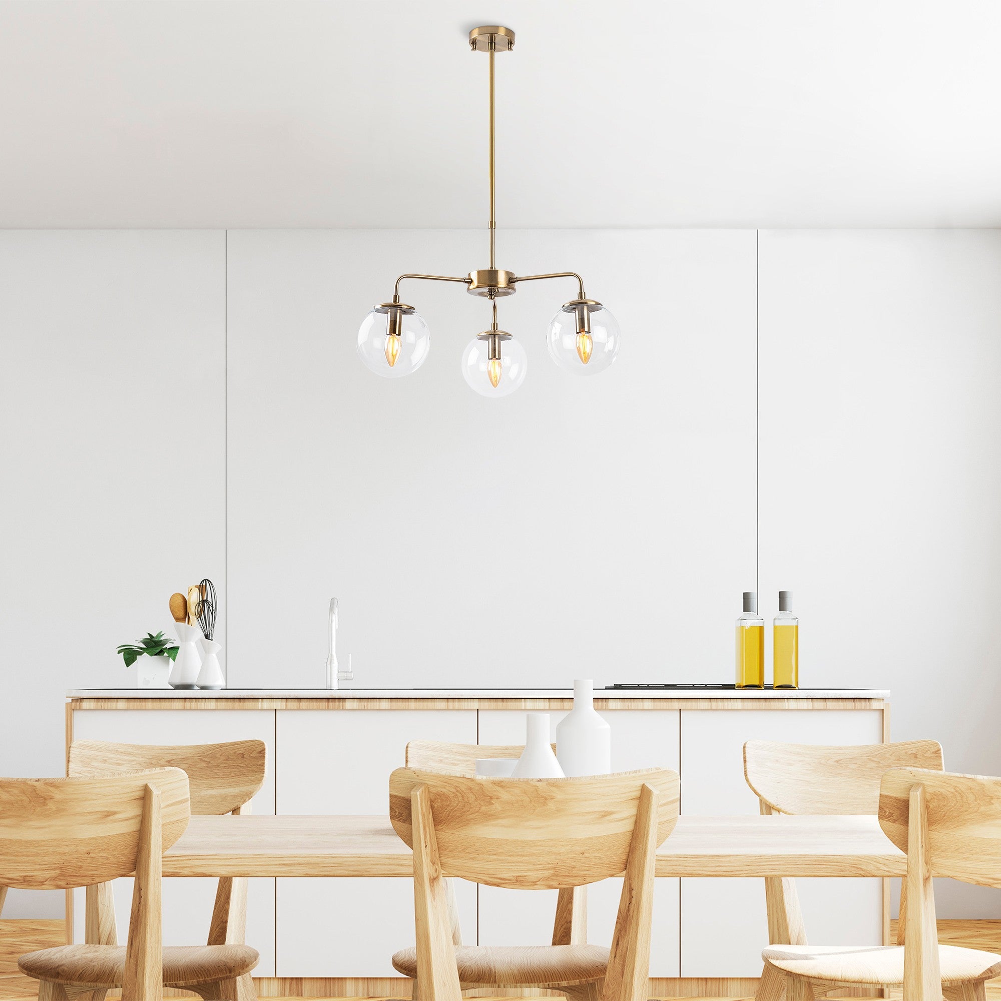 Candeeiro de Teto elegante de cobre, altura ajustável 56 x 56 x 43 cm | Corpo de metal, tampa de vidro, design vintage | 3 soquetes E14, máx. 40 W | Perfeito para espaços modernos