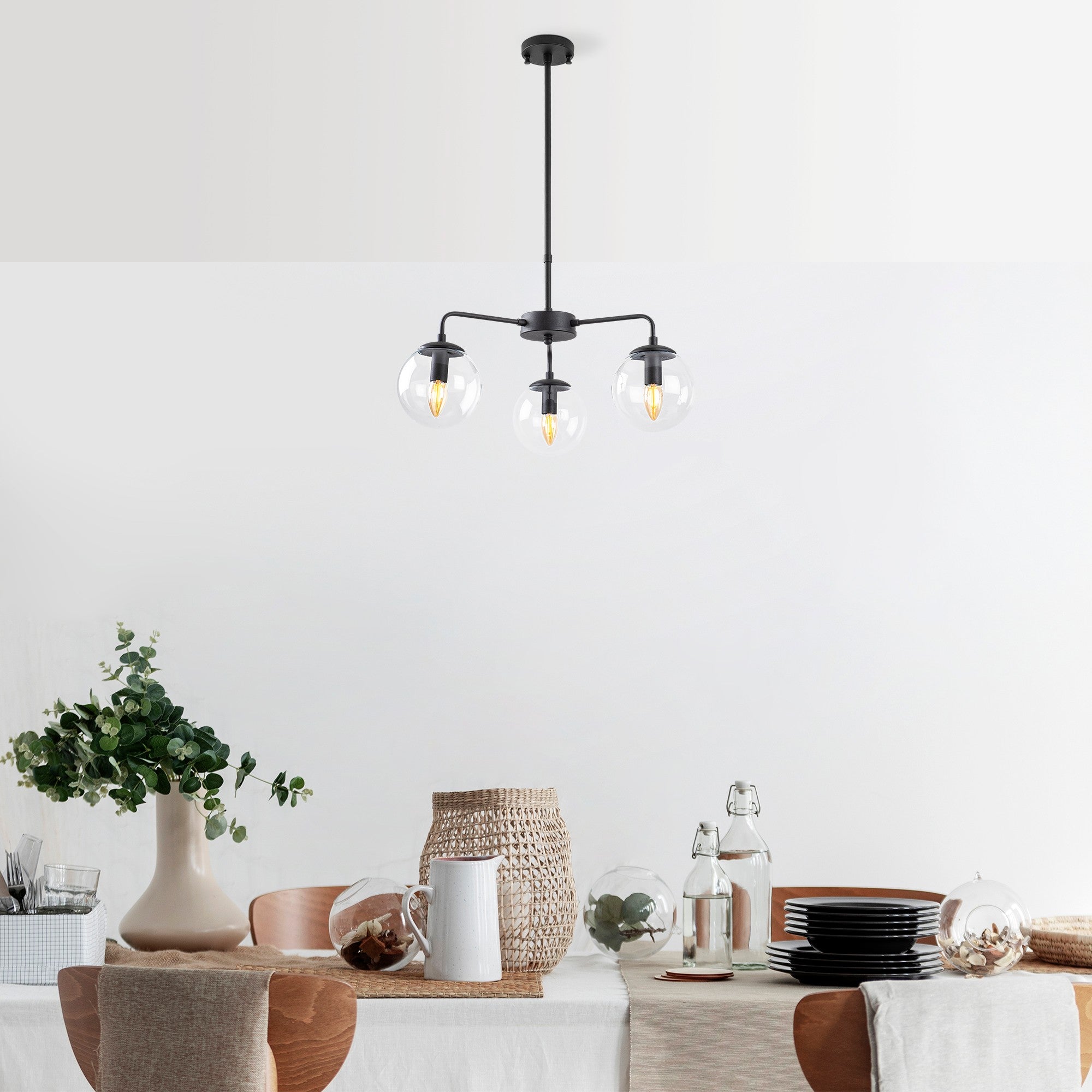 Candeeiro de Teto moderno preto, corpo de metal, altura ajustável 56 x 56 x 43 cm | 3 soquetes E14, IP20 | Design industrial e escandinavo elegante para casa