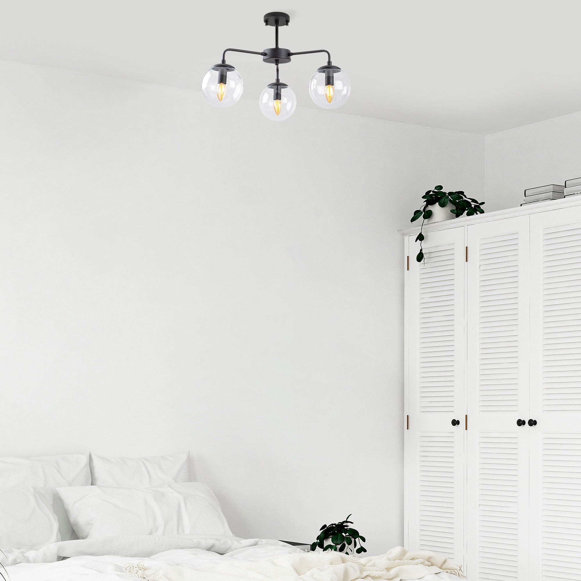 Candeeiro de Teto preto moderno, corpo de metal, 56 x 56 x 43 cm, altura ajustável, 3 soquetes E14, design industrial e escandinavo, perfeito para decoração de casa